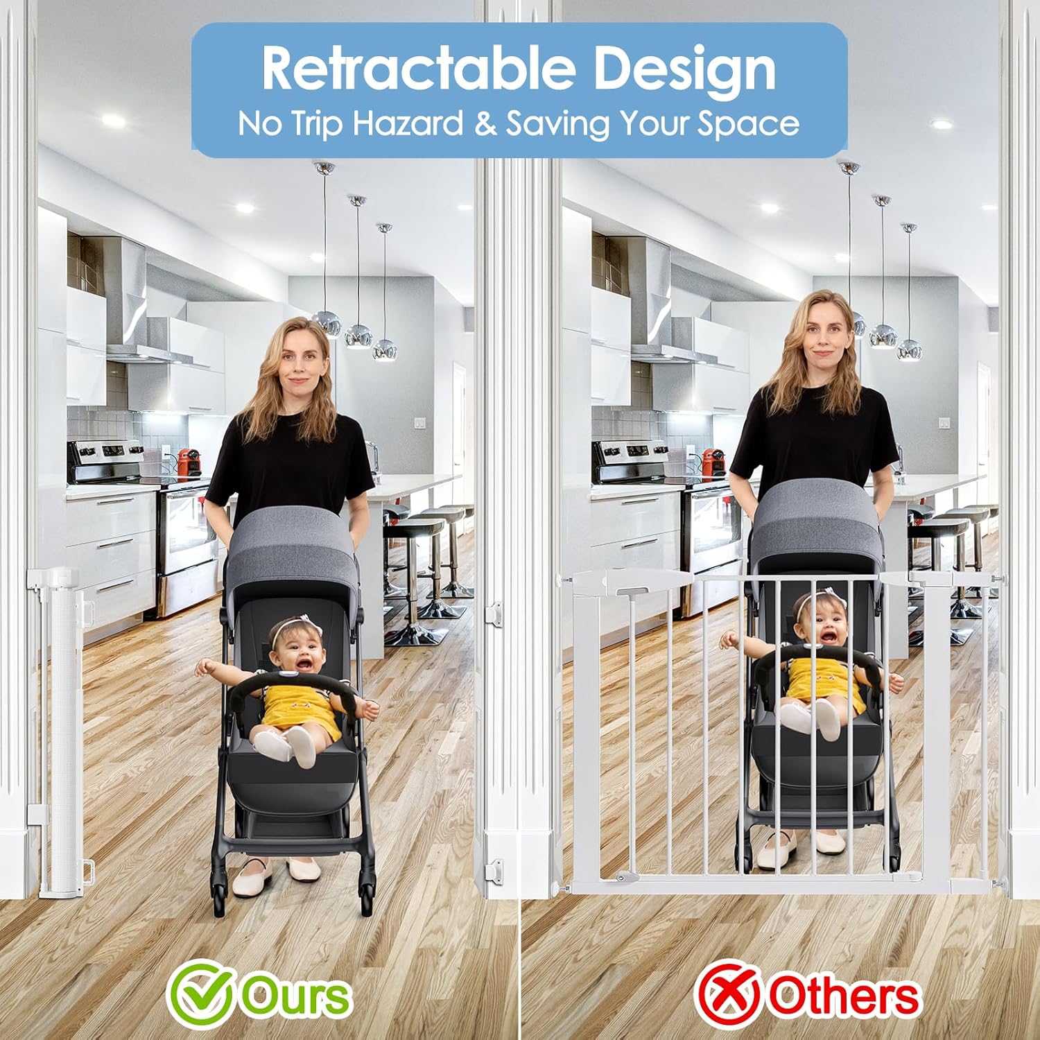 Reinforced Retractable Baby Gates for Stairs & Banister, Mesh Dog Gate for Stair Post, 55" Wide x 33" Tall, Pet Safety Gate for Stairway, Indoor & Outdoor Use (White)