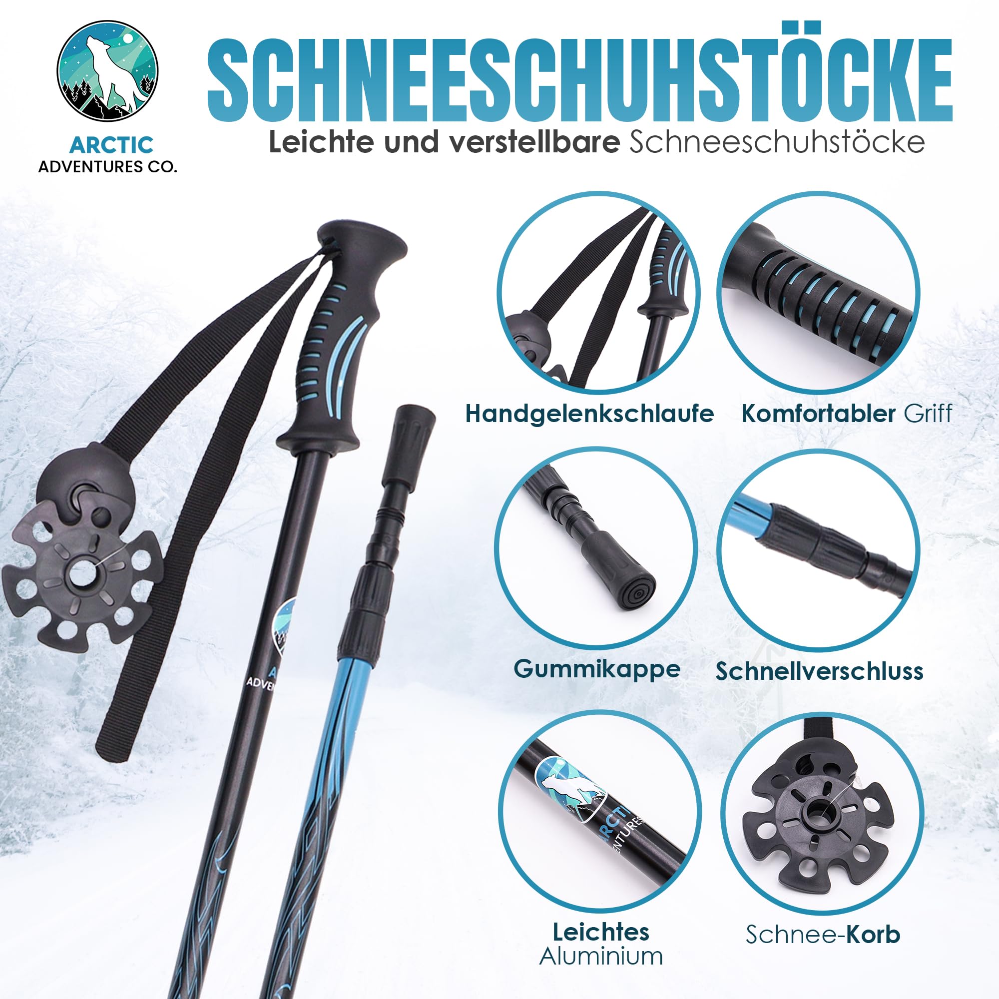 Raquettes de neige 3 en 1 pour homme et femme en aluminium avec tailles réglables et bâtons de trekking.
