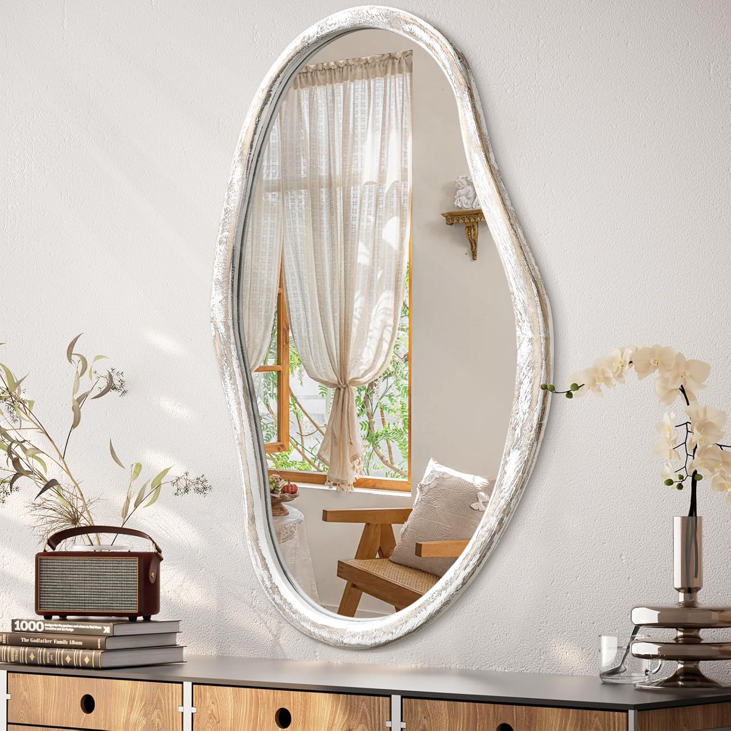 JJUUYOU Irregular Wood Mirror Asymmetrical Bathroom Wall Mounted Mirror 90x60cm Large Horizontal or Vertical Hanging Wall Mirrors for Makeup Bedroom Living Room Wood