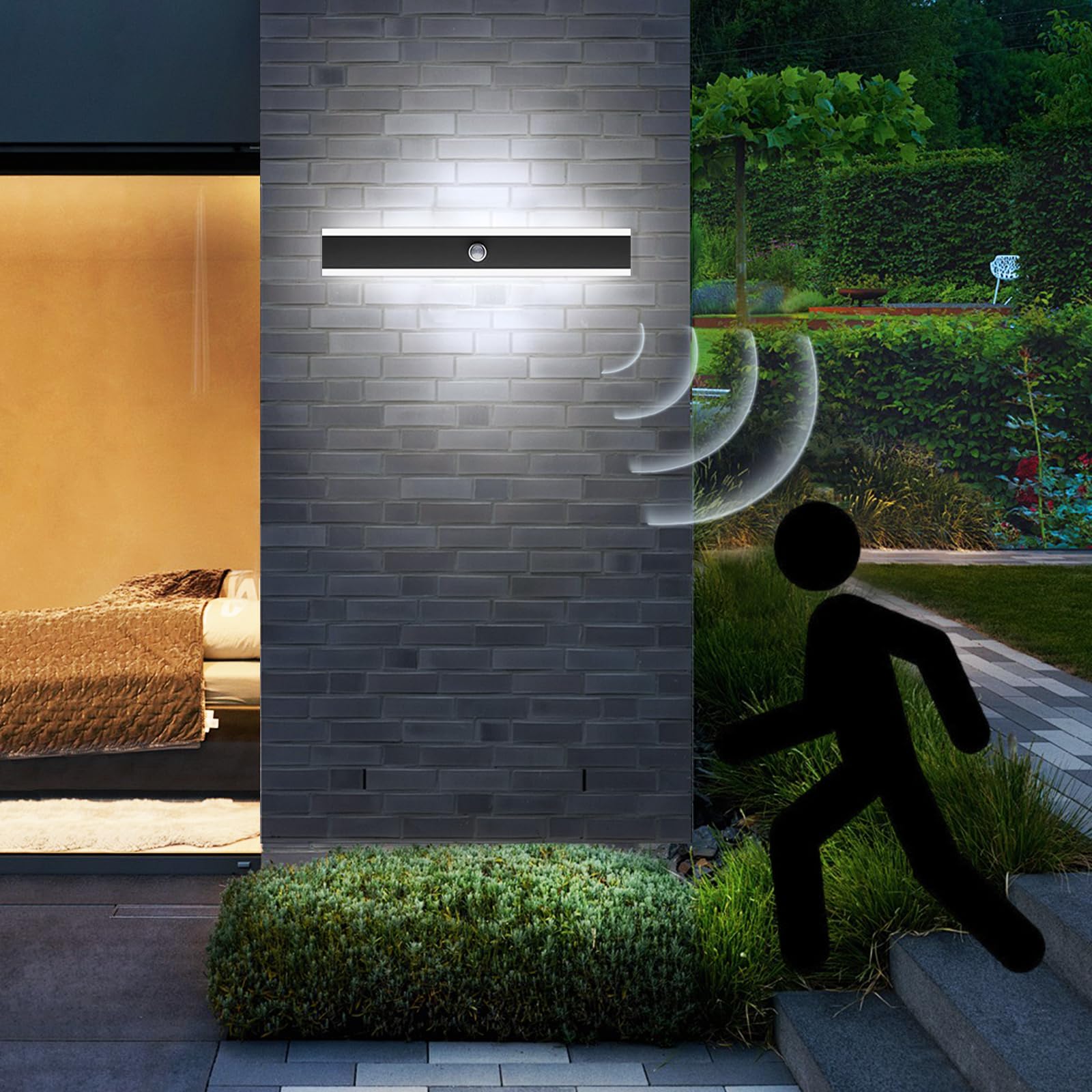 Lungo Applique da Parete LED con Sensore di Movimento 60CM Esterno Nera Lampada da Parete Moderna Impermeabile Luce Bianco 6000K Aplique Interno Esterni per Terrazza Veranda Balcone Villa