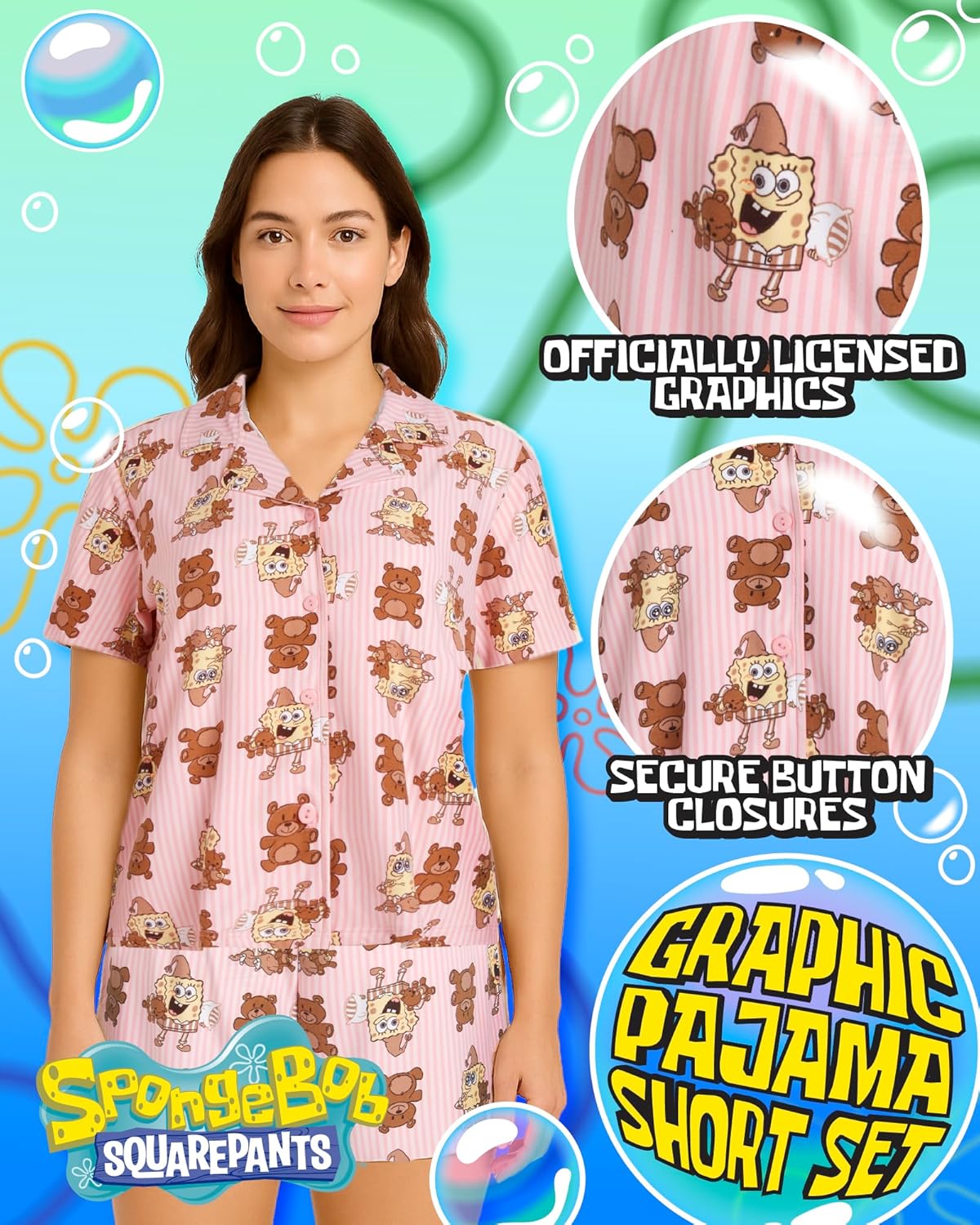 COCO BRANDS Spongebob Womens Pajama Set, Soft Stretchy Pajama Shorts & Short Sleeve, Notch Collar, Button Down Top - Image 2