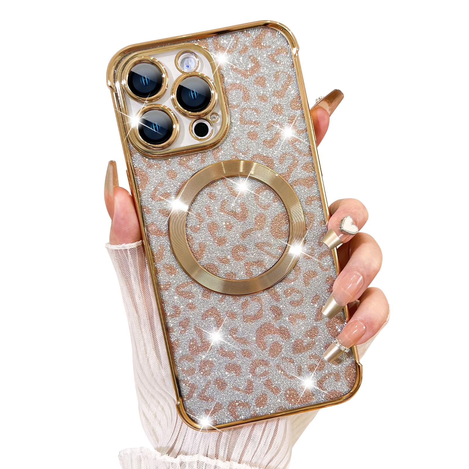 Fiyart Designed for iPhone 14 Pro Max Case,Compatible with MagSafe Cheetah Print Plating Camera Protection Magnetic Clear Glitter Leopard Print