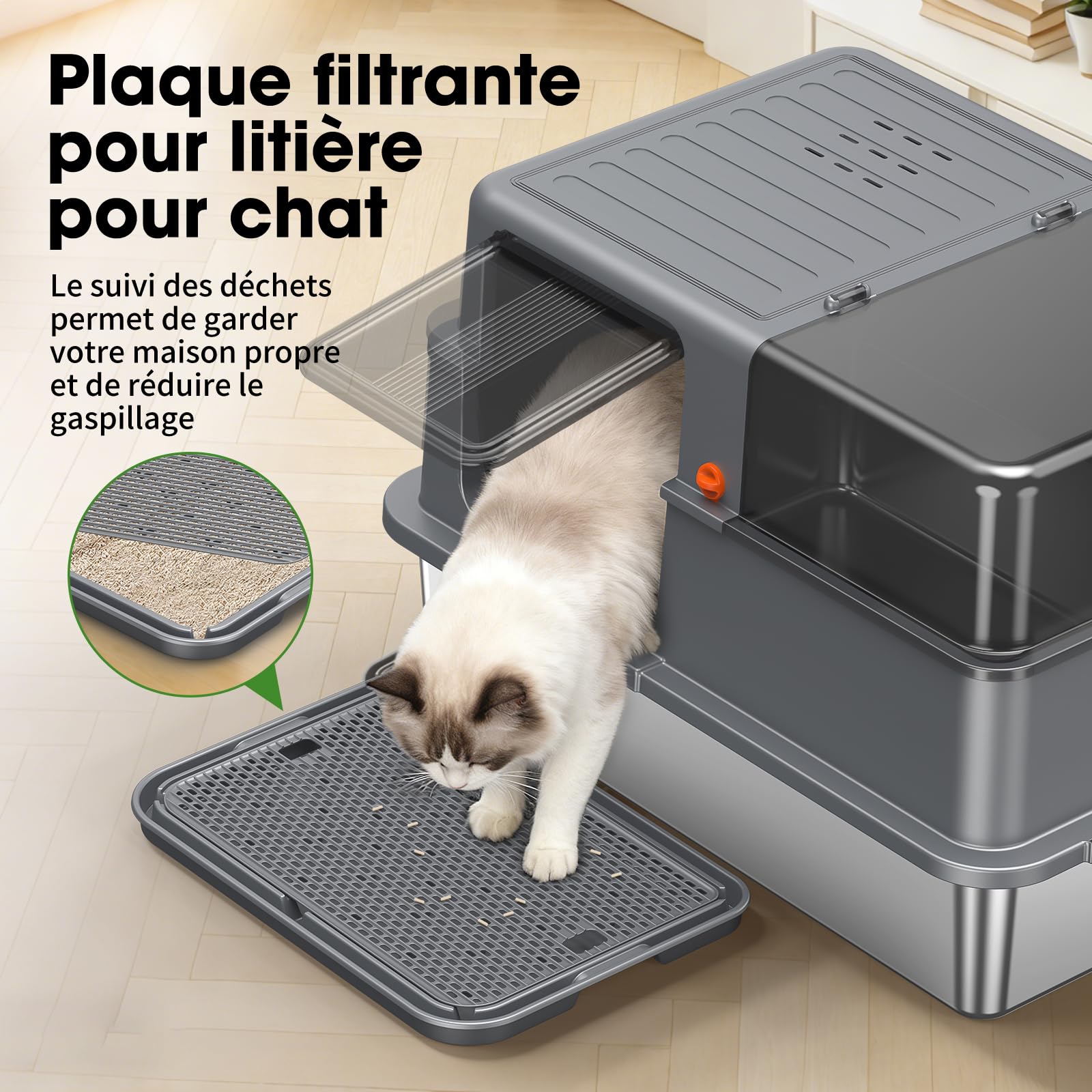 Bac à Litière INOX XXXL – Grand Bac Ouvert pour Chat, Gris foncé | Bords Hauts Anti-Fuite, Panneaux Semi-Transparents, Cuve Profonde Amovible, Surface Antiadhésive, Nettoyage Facile