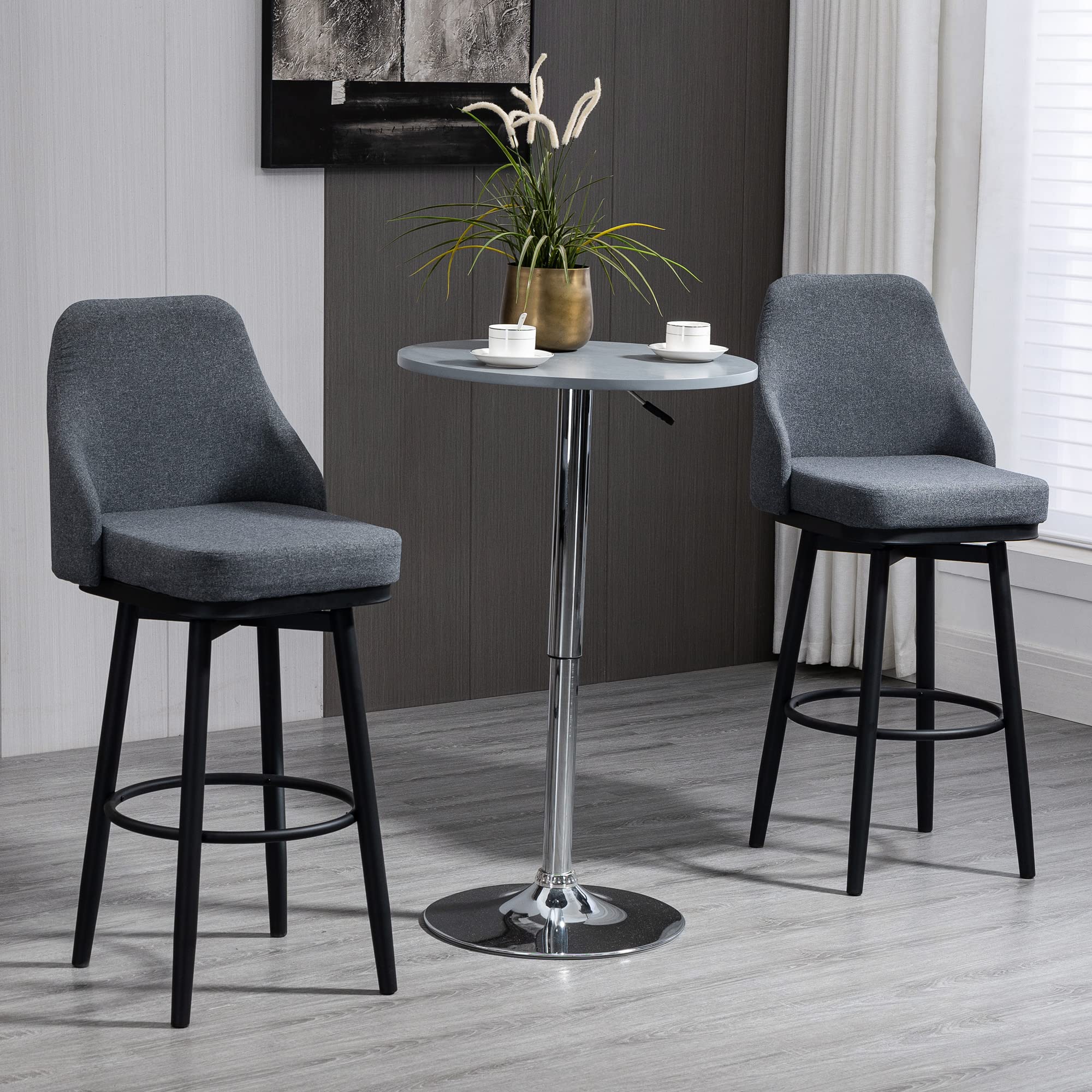 HOMCOM Bar Height Bar Stools Set of 2, Modern 360° Swivel Barstools, 29.5 Inch Seat Height Upholstered Kitchen Chairs with Steel Legs and Footrest, Dark Grey
