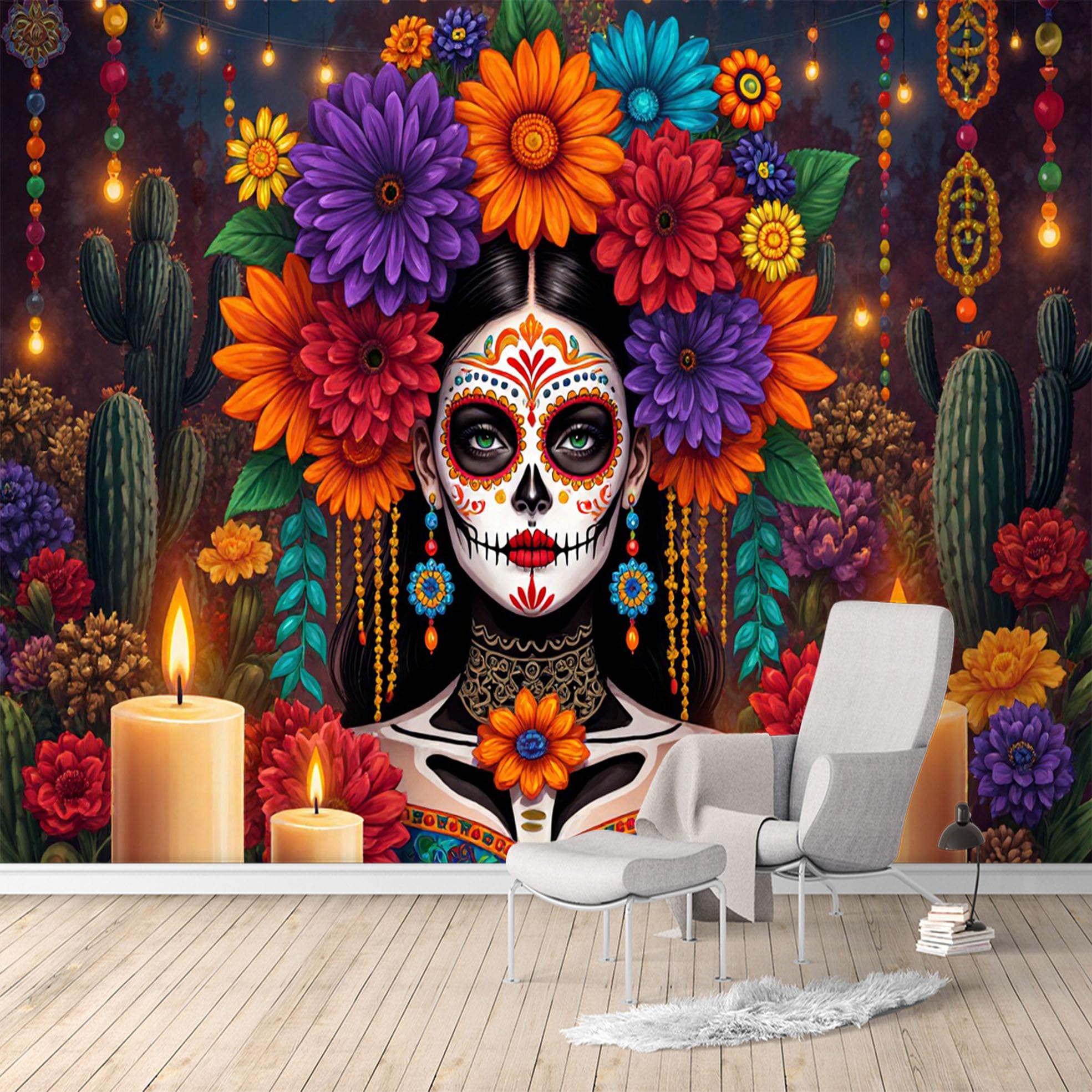 Custom Size Wall Murals, Sugar Skull Day of the Dead Floral Cactus Festival, SelfAdhesive Water Activated Removable Wall Covering, Large Photo Wallpaper for Living Room Bedroom Office