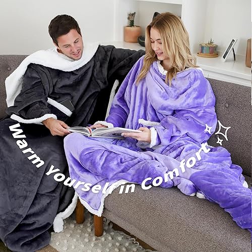 Miniatura 2 de Catalonia Sherpa Wearable Blanket with Sleeves & Foot Pockets for Adult Women Men, Comfy Snuggly Wrap Sleeved Throw Blanket Robe, Gift Idea, Black