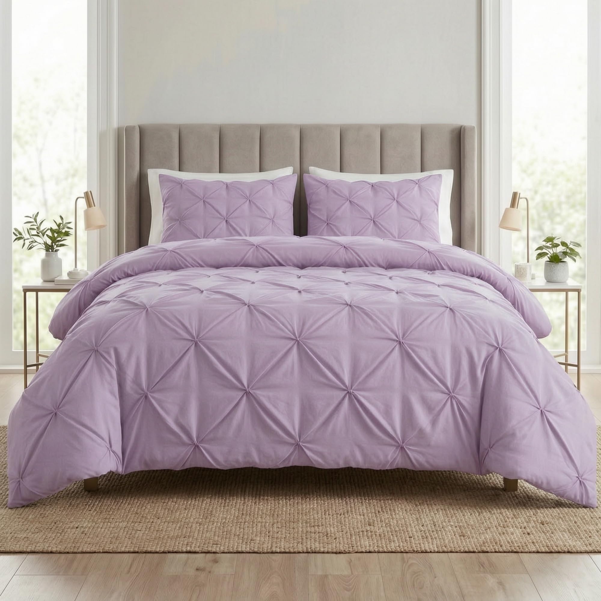 Q & H QUALITY HOUSEHOLD Q&H Pintuck Super King Duvet Cover Set Lilac with Pillow Cases - Soft Brushed Microfiber Quilt Cover - Breathable, Wrinkle Resistant, Easy Care Bedding Set