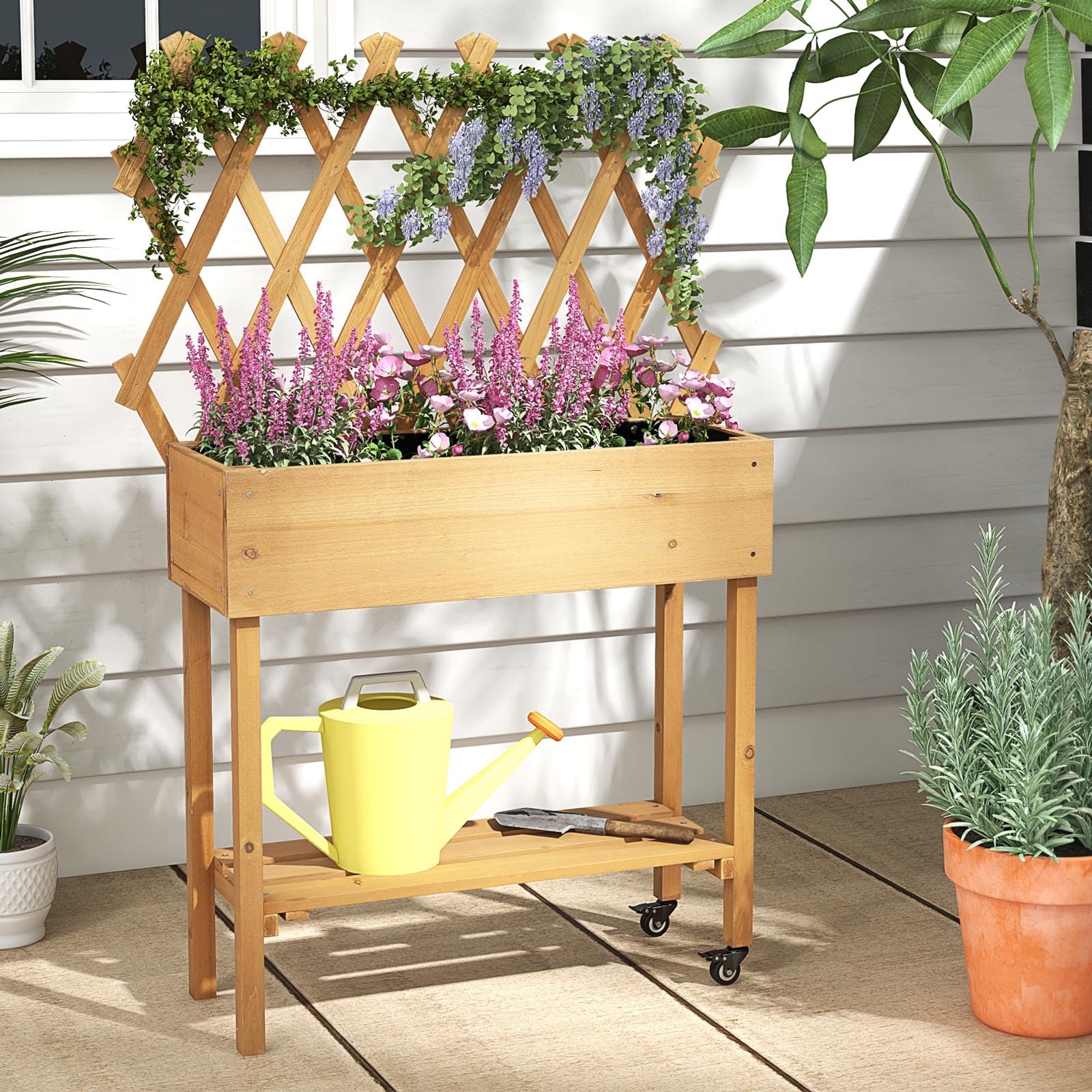 HOMASIS Orto Rialzato da Esterno con Ripiano, Fioriera Rialzata con Grigliato in Legno Massello, Fioriera con Spalliera con Ruote per Balcone, Giardino, Cortile, 90 x 29 x 129 cm, Naturale
