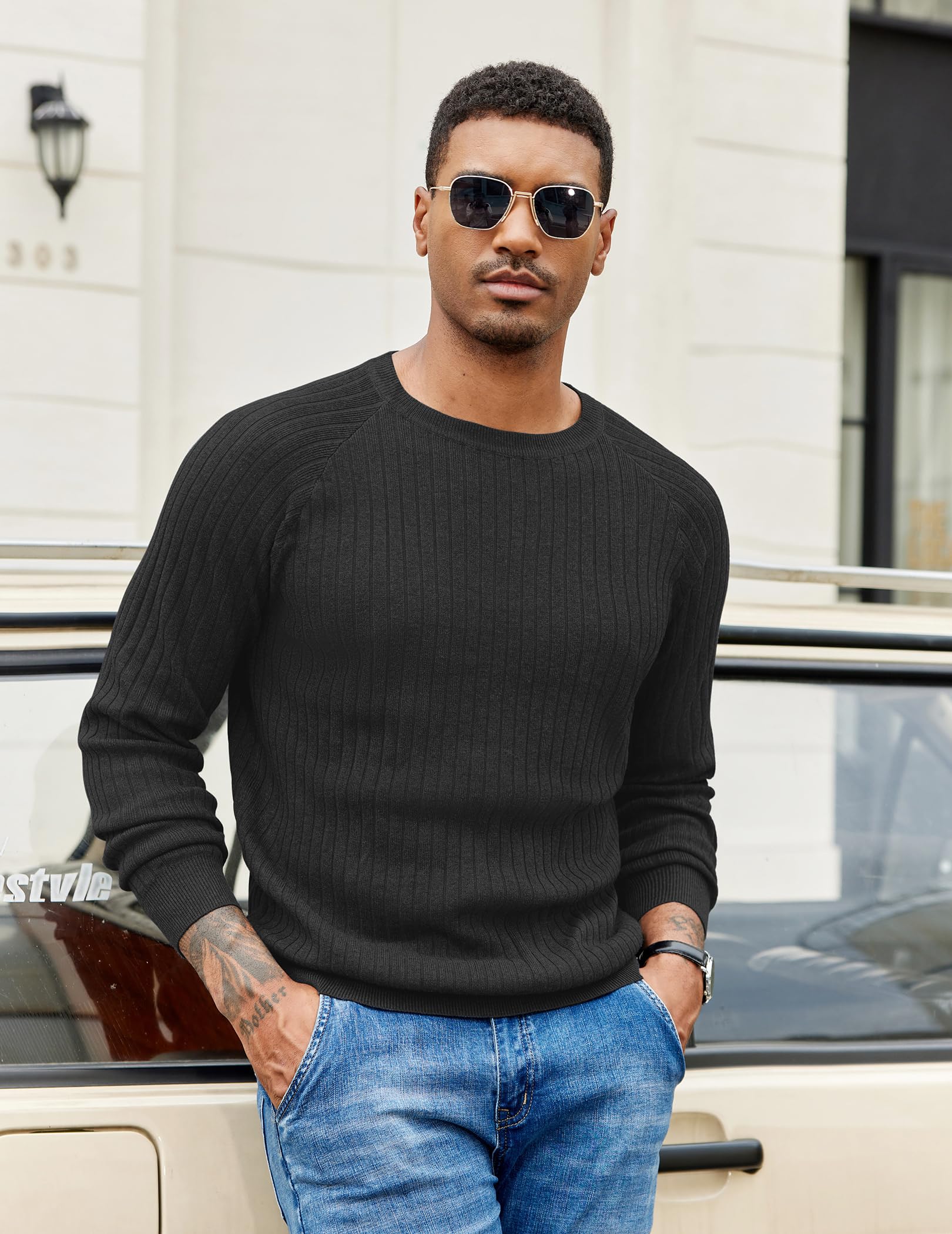 COOFANDY Maglione da uomo a maniche lunghe girocollo slim fit business casual pullover maglione, Striscia sottile nera, L