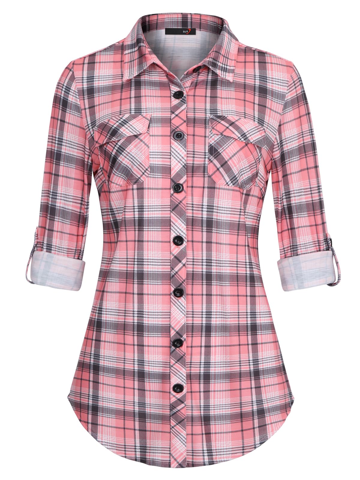 DJT Damen Weiches Gestrick Kariertes Blusen Langarm Oberteile Roll Up Ärmel Hemdbluse Button Down Tops