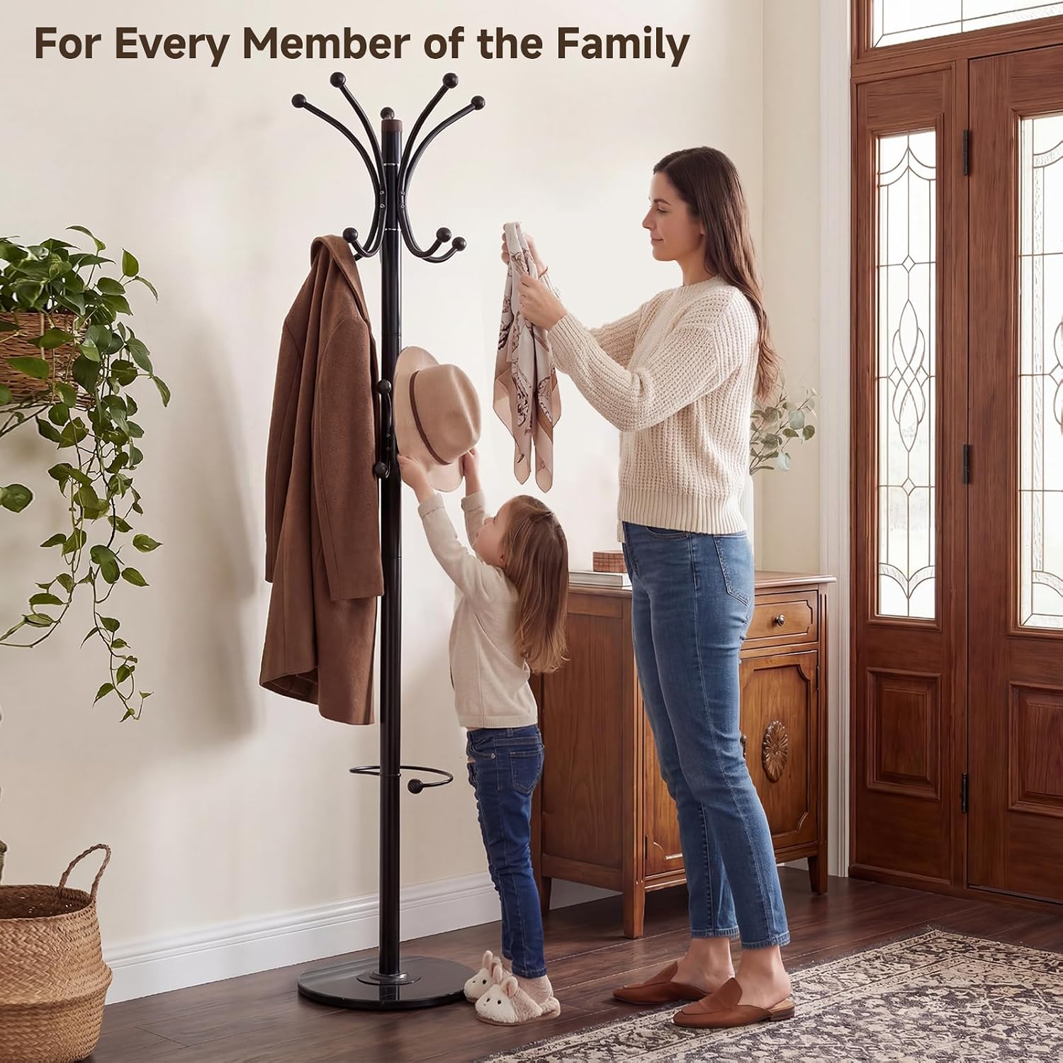 Metal Coat Rack Freestanding with Natural Marble Base, 360° Roraty Coat Rack Stand with 16 Hooks & Umbrella Holder, Black Heavy Duty Coat Rack for Coats Hats for Entryway Bedroom (Black)
