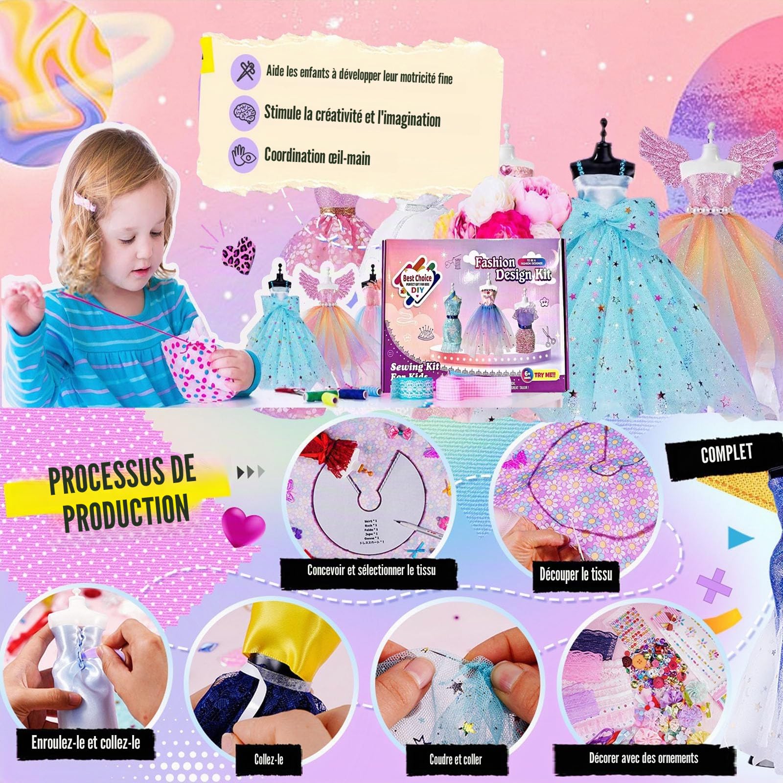 Kit Couture Enfant 650 Pièces avec 3 Mannequins, Loisirs Créatifs Fille 10 Ans Bricolage Dessinons la Mode