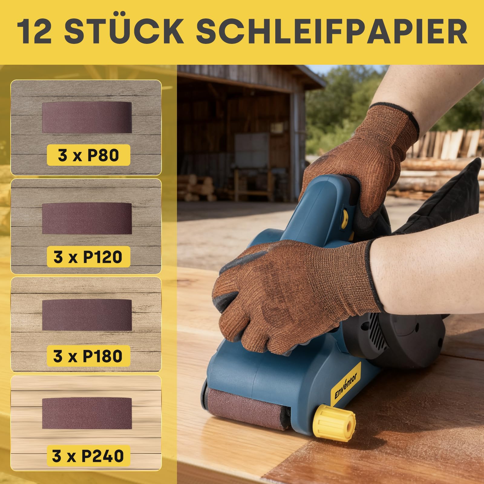 Enventor 950W Bandschleifer, 6 Geschwindigkeitsstufen (120–380 m/min), 2-in-1 Tischschleifer mit Staubbeutel und 12 Schleifbändern (P80, P120, P180,P240), 76 x 533 mm