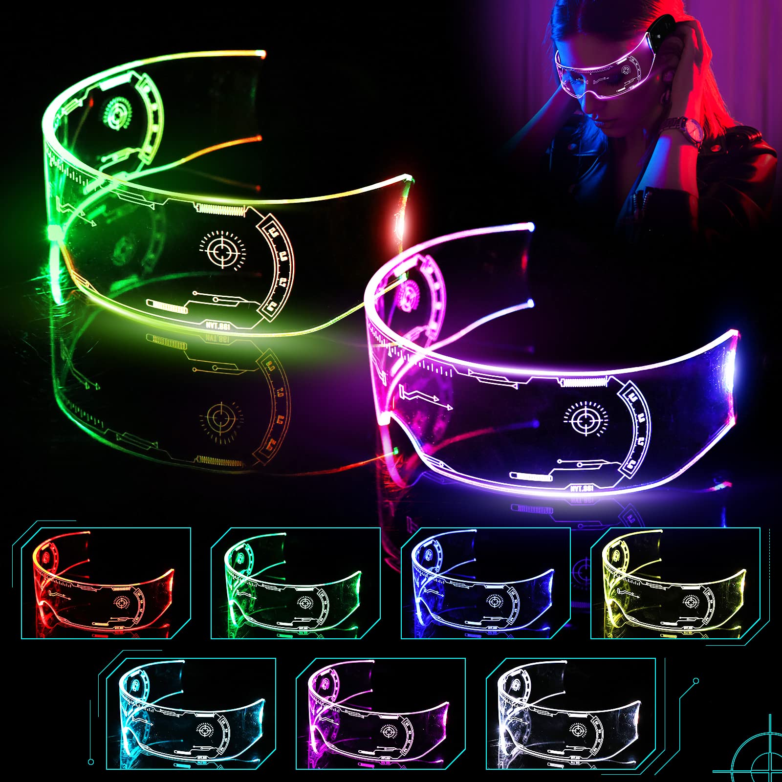 2 paia di occhiali Cyberpunk LED, occhiali LED luminosi, occhiali Rave a 7 colori e 4 modalità, occhiali luminosi per feste, occhiali da festa per cosplay di Cyberpunk, bar, club, Halloween