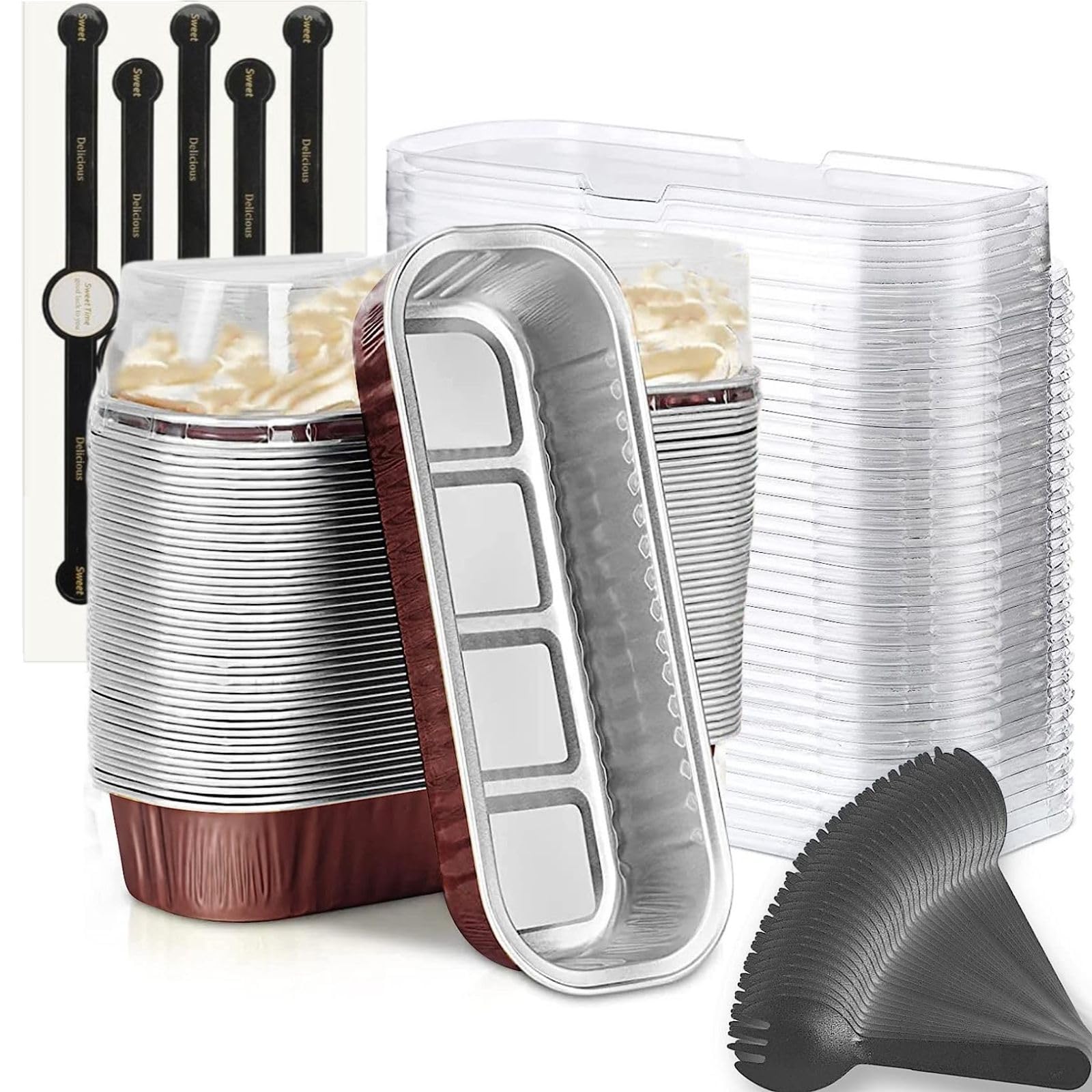 Mini Loaf Baking Pans with Lids and Spoons (50 Pack, 6.8oz) Rectangle Aluminum Foil Baking Pans Tins Containers - Cupcake Containers Wrappers Cheesecake Creme Brulee Ramekins