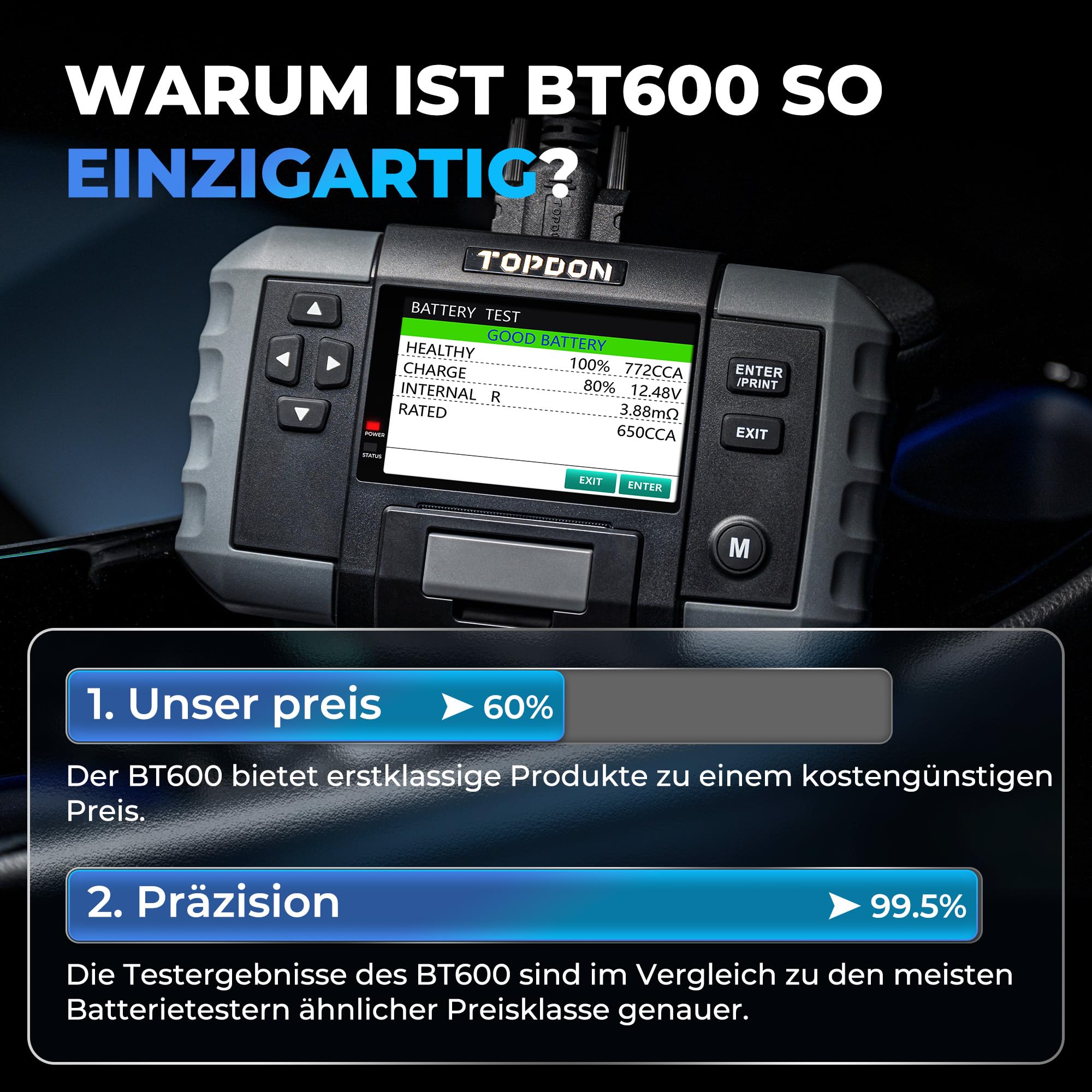 TOPDON BT600 Batterietester KFZ 12V 24V, 100-2000 CCA Autobatterie Tester mit Drucker, 3,5 Zoll Farbbildschirm, 5,9 Fuß Kabel, Mini-USB für Software-Update, Verfügbar für Heimwerker und Profis