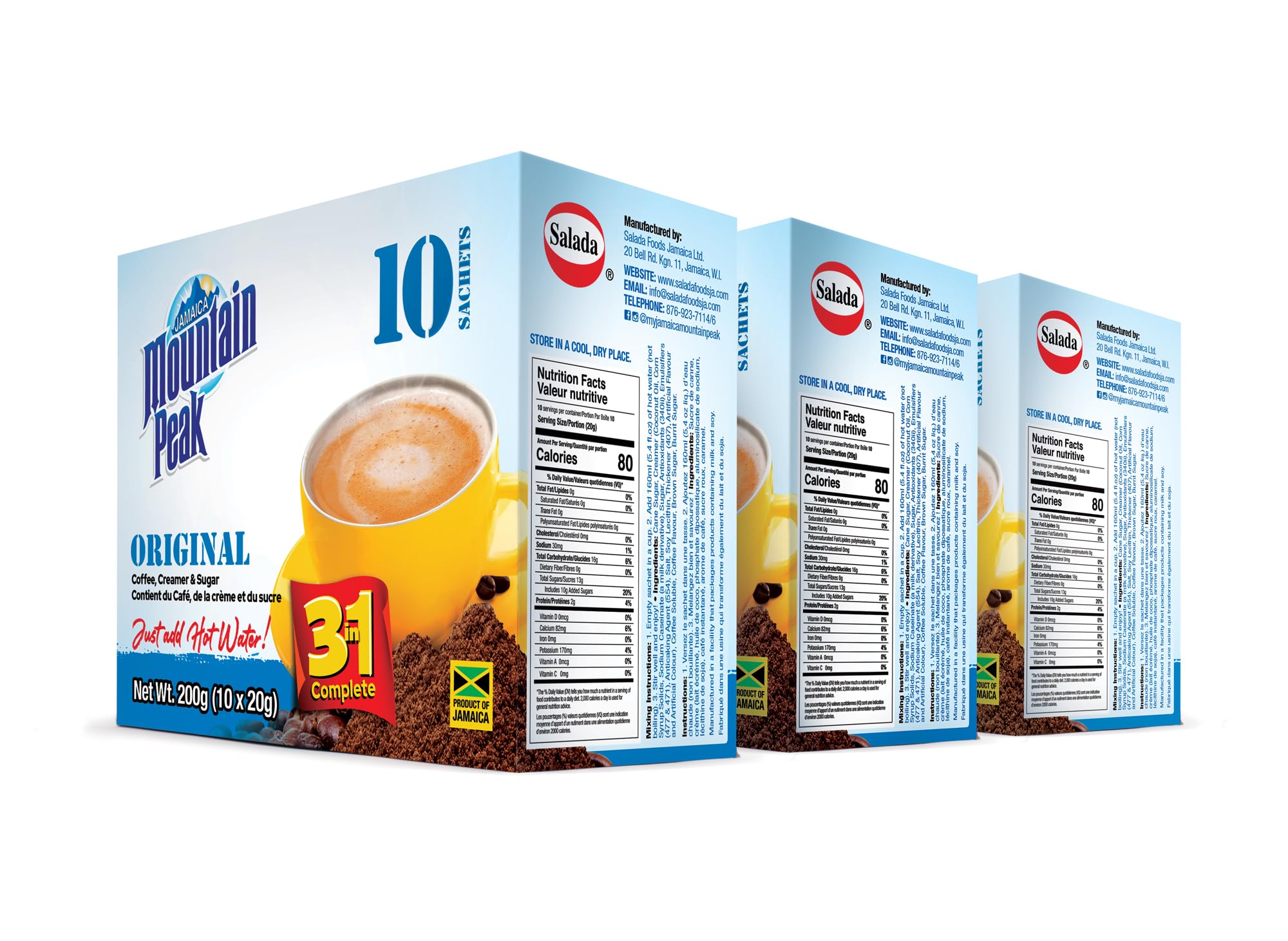 Jamaica Mountain Peak Original 3 in 1 Instant Coffee Mix, Coffee Creamer and Sugar (30 Sachets x 20g), Classic Smooth Flavor, Rich and Creamy, Just Add Water