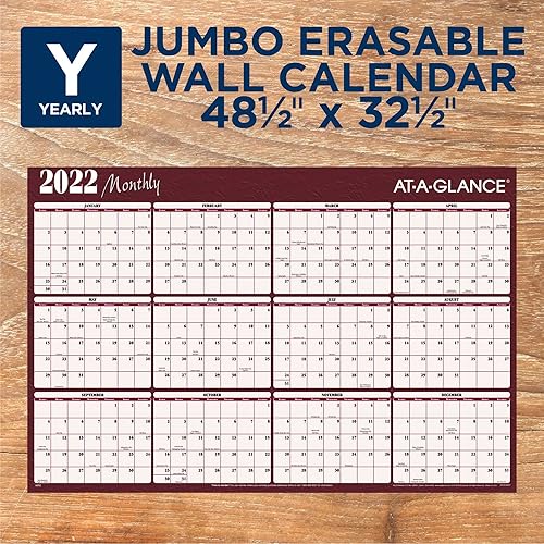 Miniatura 3 de AT-A-GLANCE - Calendario borrable 2022, planificador de pared de borrado en seco, 48 x 32 pulgadas, gigante, horizontal, reversible, rojo (A152)