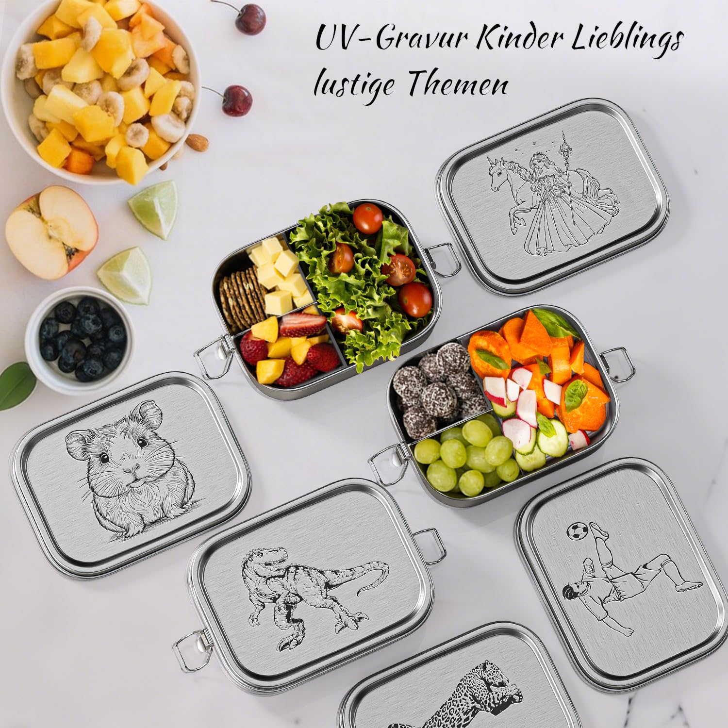 LEKEFETO 2 contenitori per il pranzo in acciaio inox, 850 ml + 1400 ml, con divisorio mobile, a prova di perdite, in acciaio inox, con chiusura a