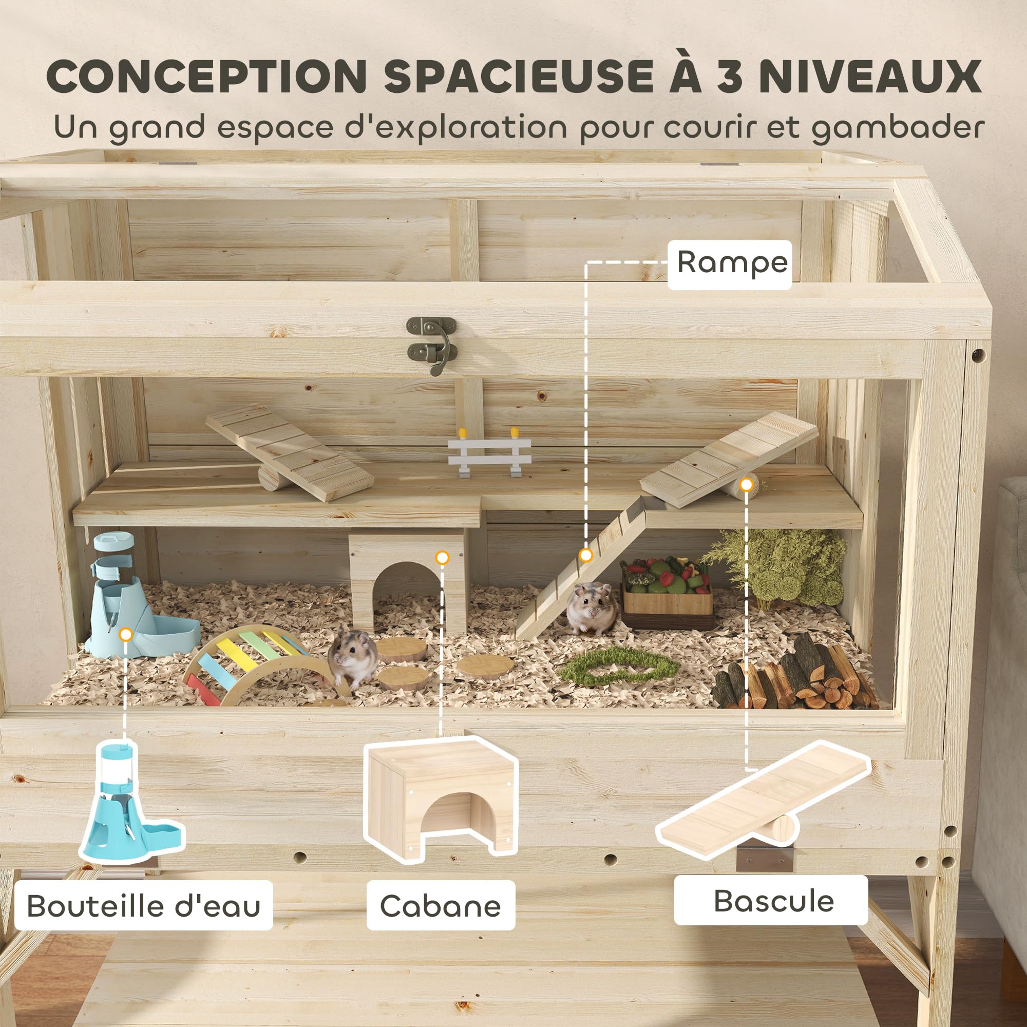 PawHut Cage Hamster en Bois, Cage Rongeur à 2 Niveaux, avec étagère de Rangement, Couvercle ouvrant, Plateau Amovible, Bascule, Rampe, pour Hamsters syriens, gerbilles, 84 x 53 x 110 cm, Bois Naturel