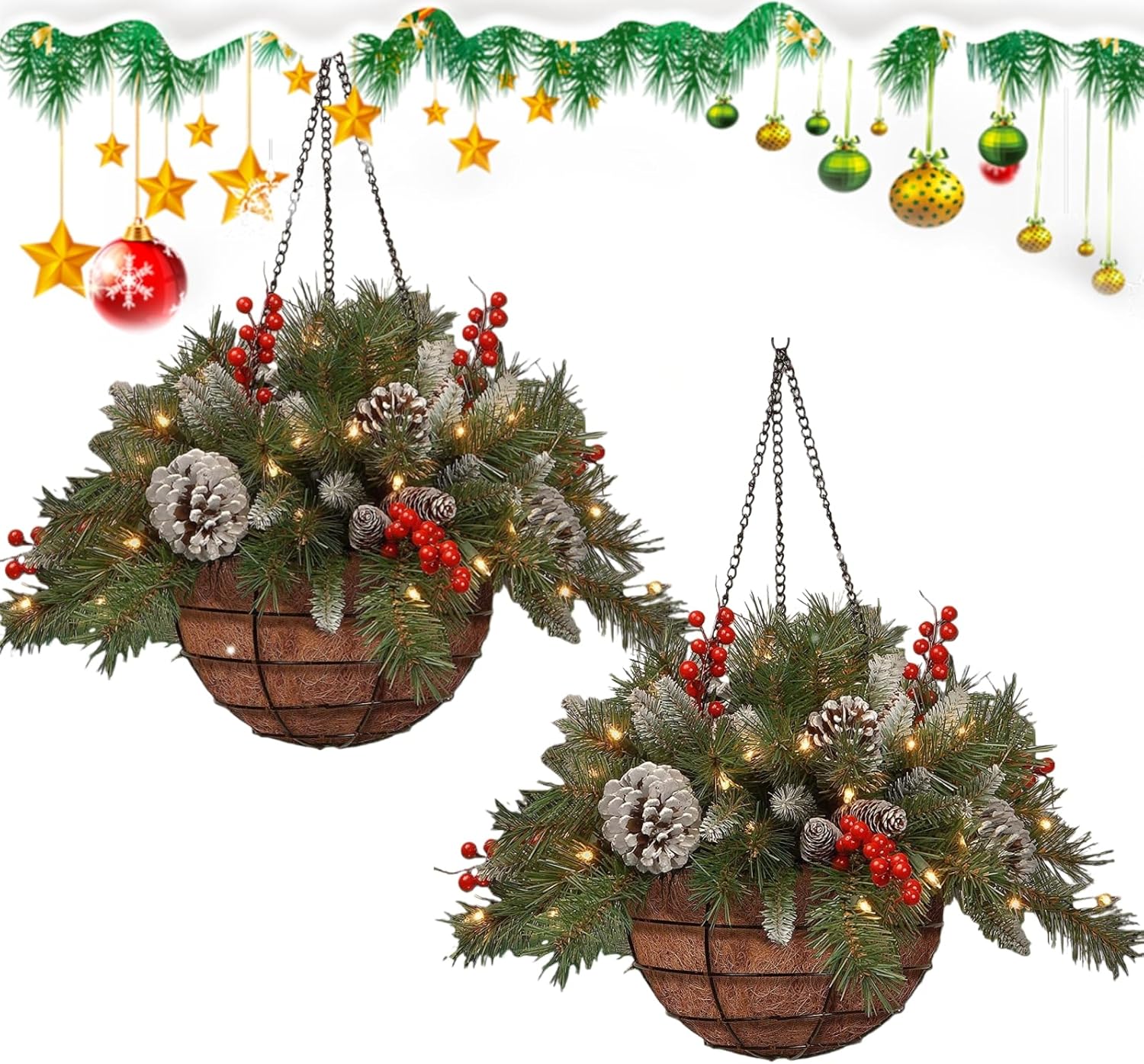 Pre-Lit Artificial Christmas Hanging Basket, LED Lights Outdoor Christmas Decoration, with Pine Cones & Red Berries for Garden/Lawn/Patio/Front Porch (2)