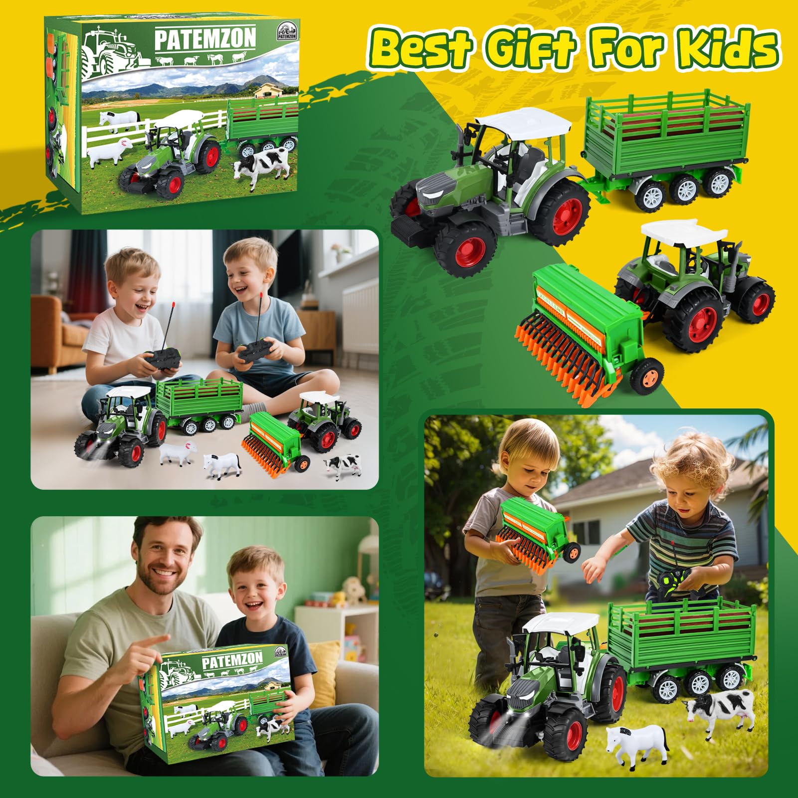 PATEMZON RC Trattore Telecomandato per Bambini, Trattore Agricolo con Aratro e Luce, Set di Trattore Radiocomandato con Rimorchio Giocattolo, Mucca, Pecora, Troncs d'Arbre e Balle, Verde