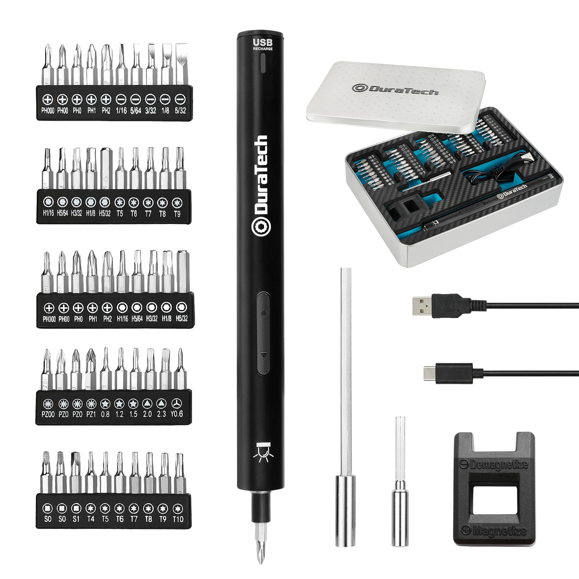 DURATECH Electric Precision Screwdriver Set, 55pc Mini Electric Screwdriver Set, 3.6V Li-ion Rechargeable Screwdriver with Extension Pole and USB, Suitable for Watch, Phone, Computer Repair