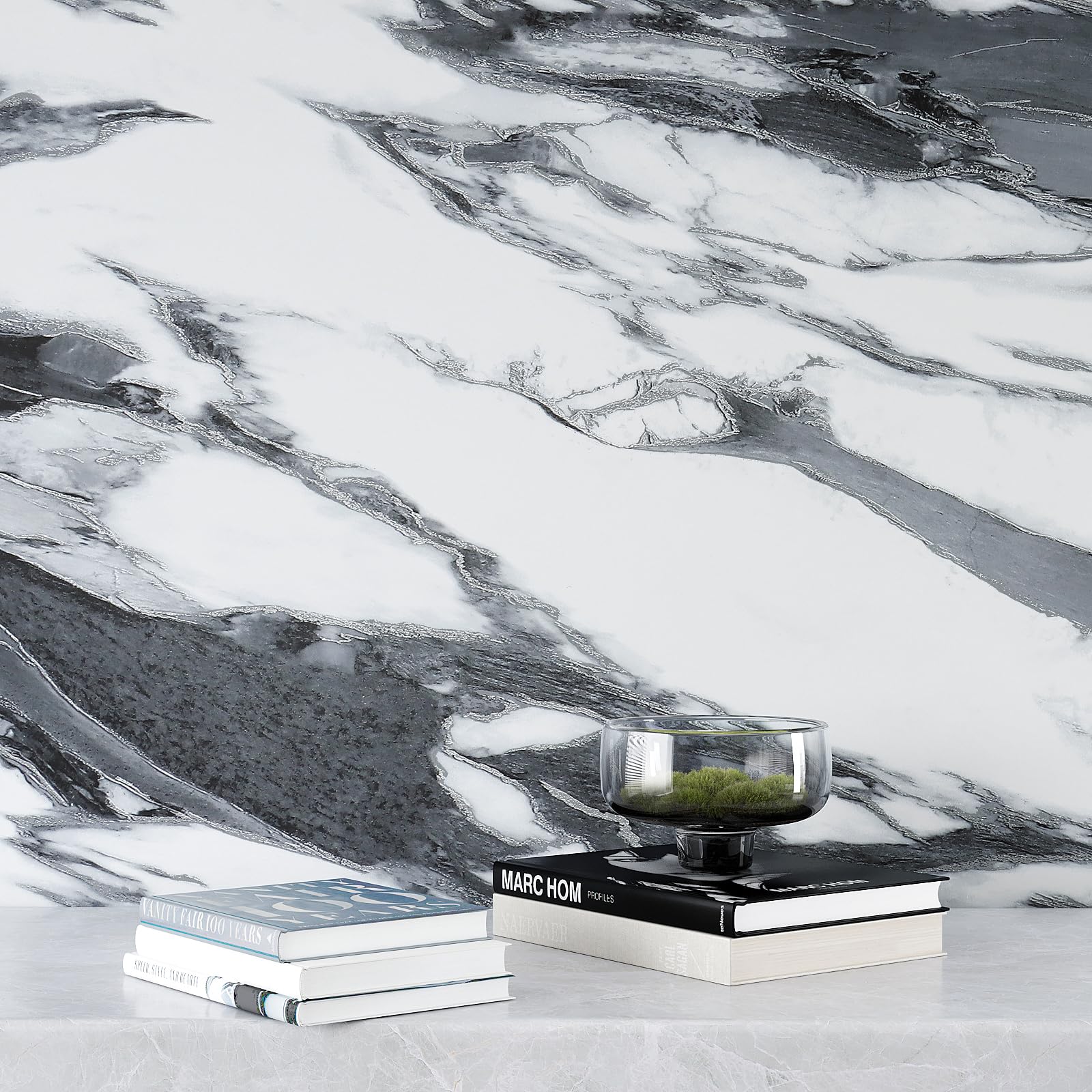 VEELIKE Papel de contacto de mármol líquido blanco y negro de 354 x 32 pulgadas de ancho, para encimeras de despegar y pegar, papel tapiz impermeable para cocina, baño, cubierta de encimera, papel
