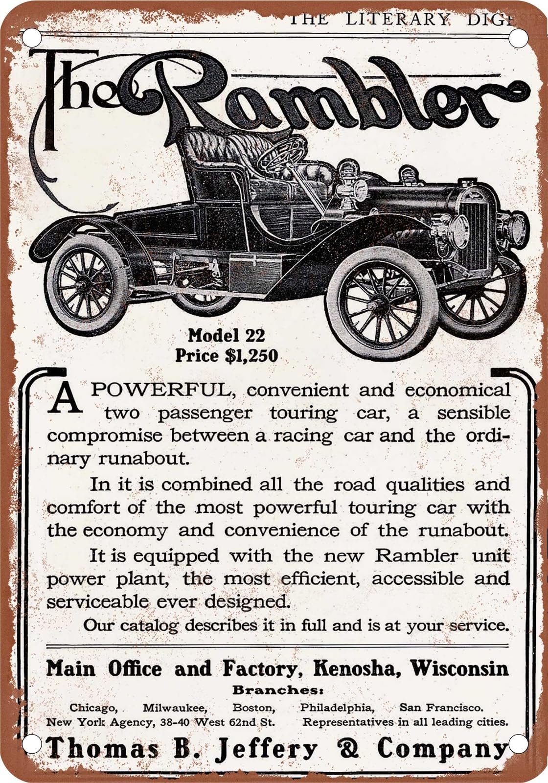 METAL SIGN - 1907 Rambler Vintage Ad 03 - Old Retro Rusty Look home decor