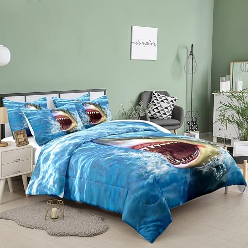 Miniatura 2 de Tailor Shop Juego de edredón de tiburón grande para niños y adolescentes, juego de ropa de cama con 1 edredón y 2 fundas de almohada con boca grande