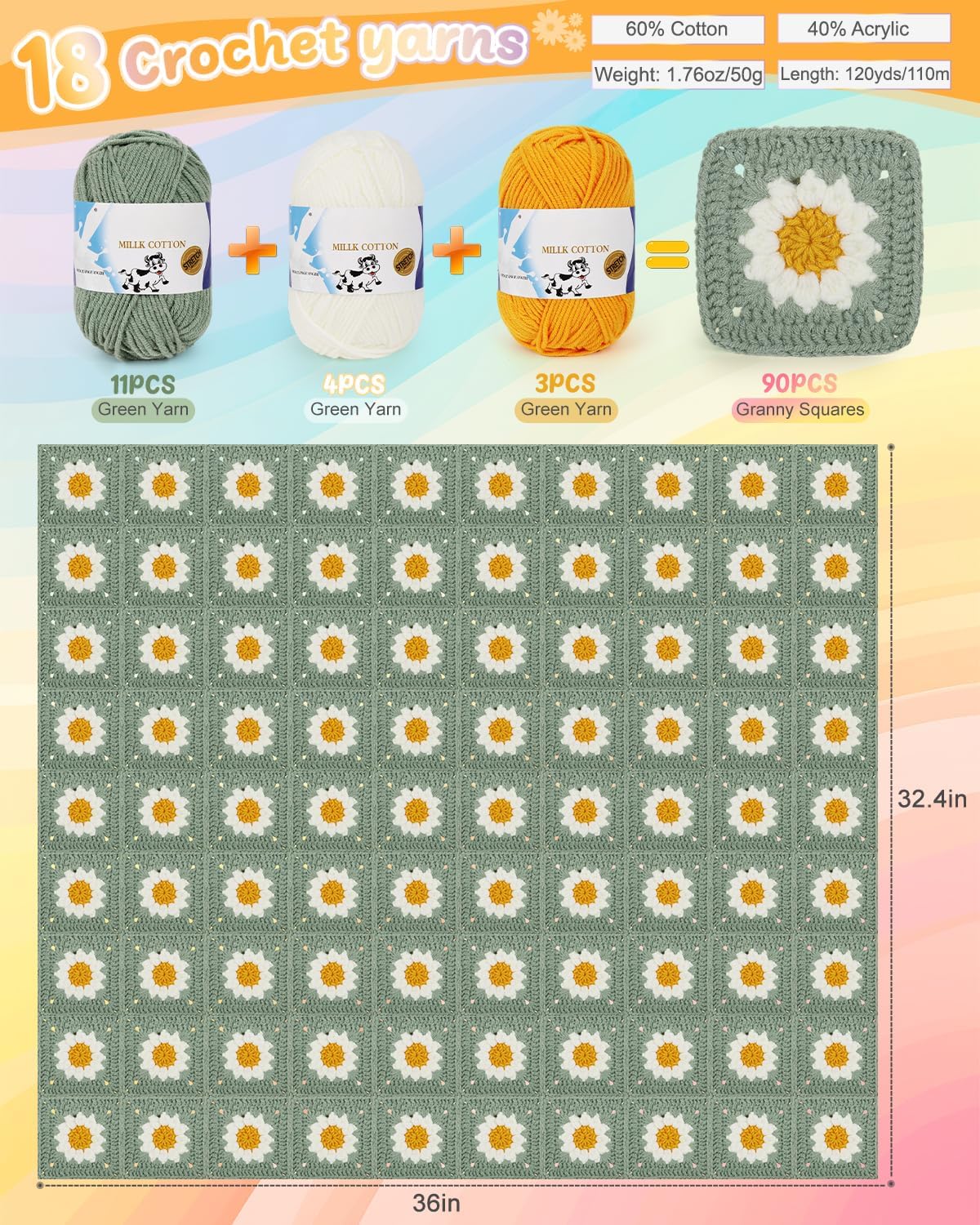 Coopay Crochet Kit for Beginners, Crochet Starter Kit for Blanket, Granny Squares Video Instructions, Easy to Learn Knitting for Beginner