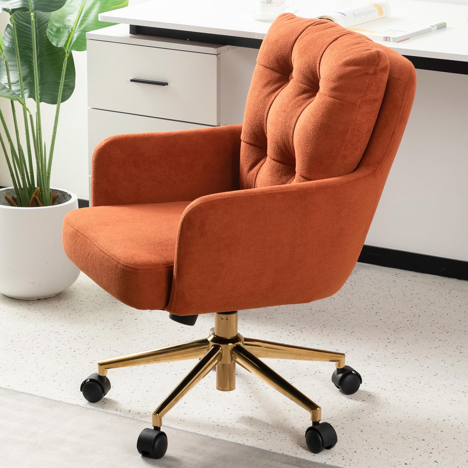 Schreibtischstuhl Polsterstuhl Samt, 360° Drehstuhl mit Rollen, Armlehnstuhl Höhenverstellbar mit Metallbeinen und Kissen, Bürostuhl (Orange)