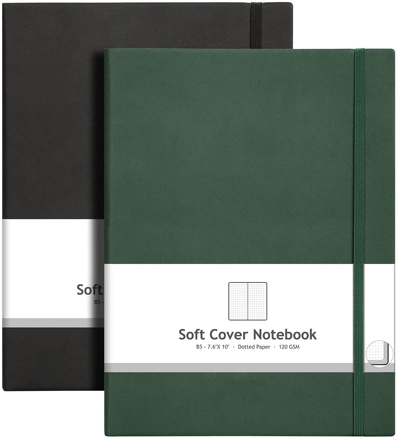 AHGXG Dotted Journal 2 Pack - B5 Large Journal Dot Grid Notebook (7.6'' X 10'') with Thick 120gsm Dot Paper, Soft Leather Cover, Total 384 Pages, Inner Pocket, Black Green