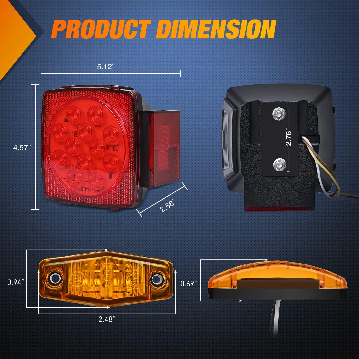 Diagram showing the dimensions of the square LED trailer lights