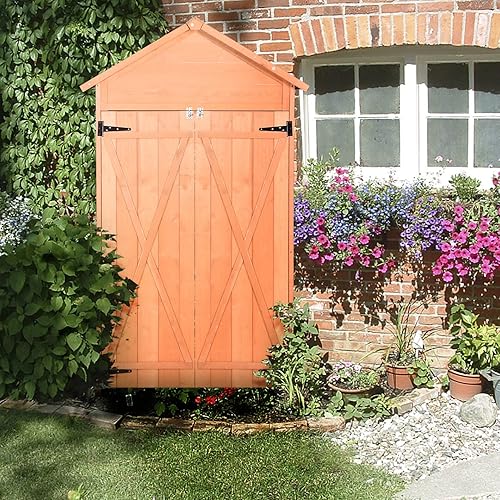 Miniatura 2 de Cobertizo de almacenamiento para exteriores con 2 puertas con cerradura, armario de herramientas de jardín de madera con techo impermeable y