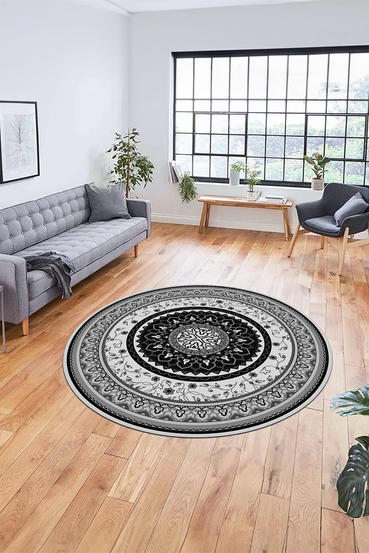 Evdeya Göbekli Klasik Dijital Kaymaz Taban Yıkanabilir Yuvarlak Mutfak Salon Halısı Y-KLASİK-18, Gri, 60 x 60