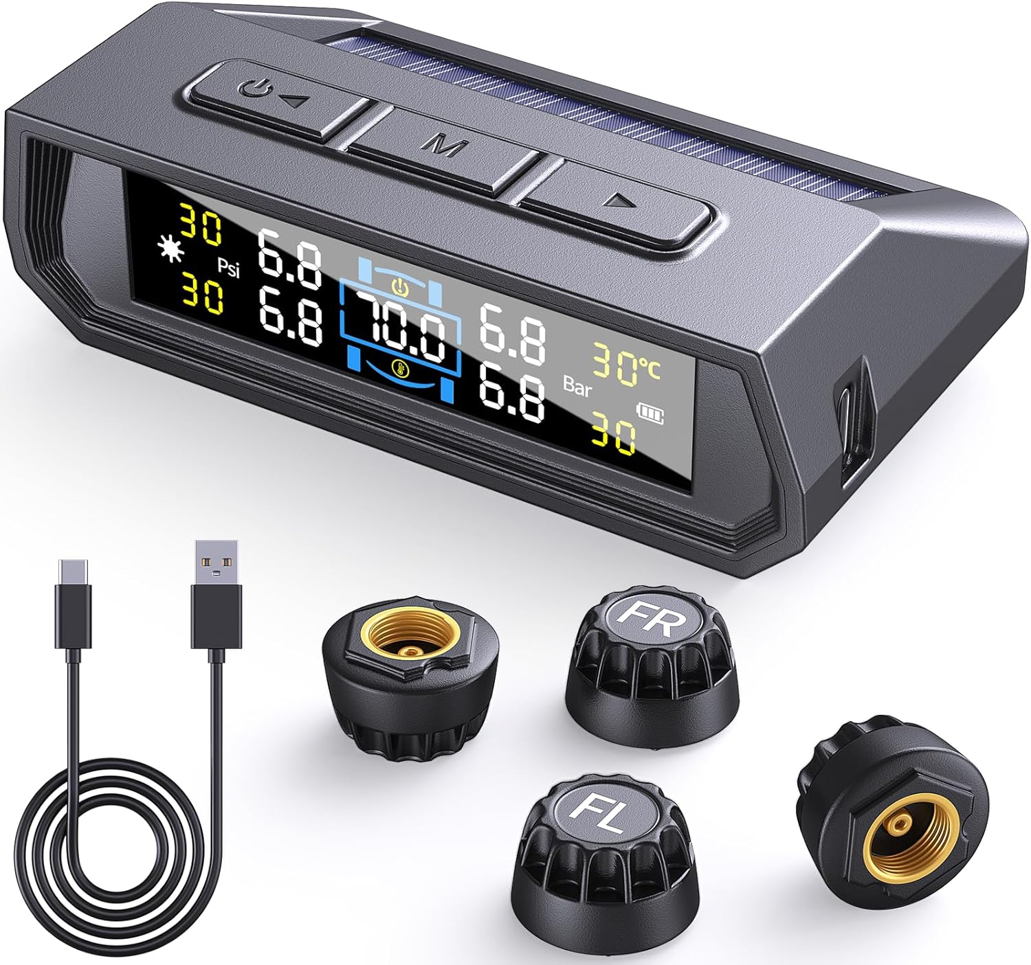 【𝟤𝟢𝟤𝟧 𝖭𝖾𝗐𝖾𝗌𝗍】 RV Tire Pressure Monitoring System,0-9.9 BAR,144 PSI Tire Pressure Monitor System with Solar Charge, TPMS with 6 Sensors&6 Alarm Modes (4 Sensors-Black)