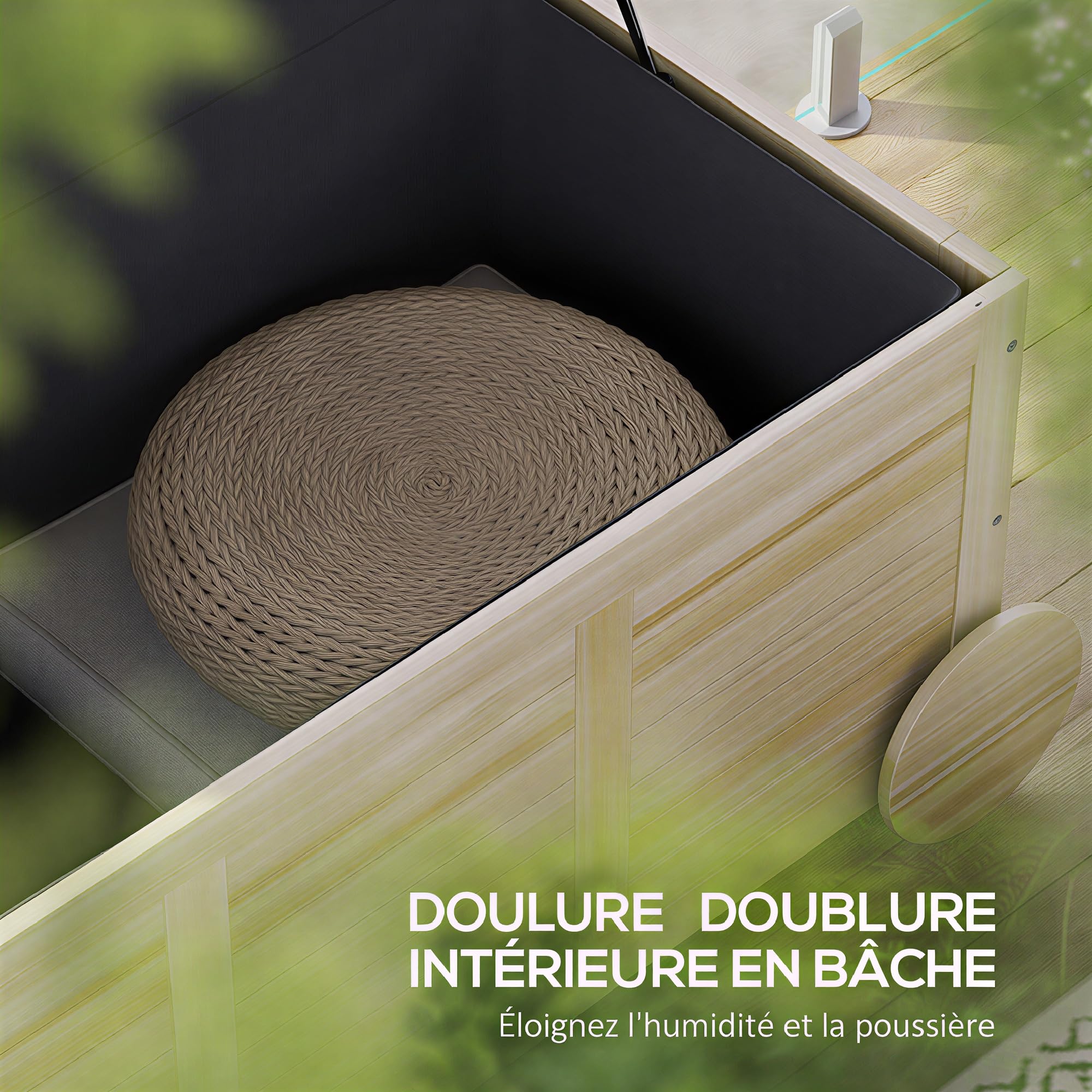 Outsunny Coffre de Rangement Extérieur en Bois Naturel 110 x 50 x 50 cm | 185L, Avec Roulettes, Bâche Intérieure Imperméable, Malle de Rangement