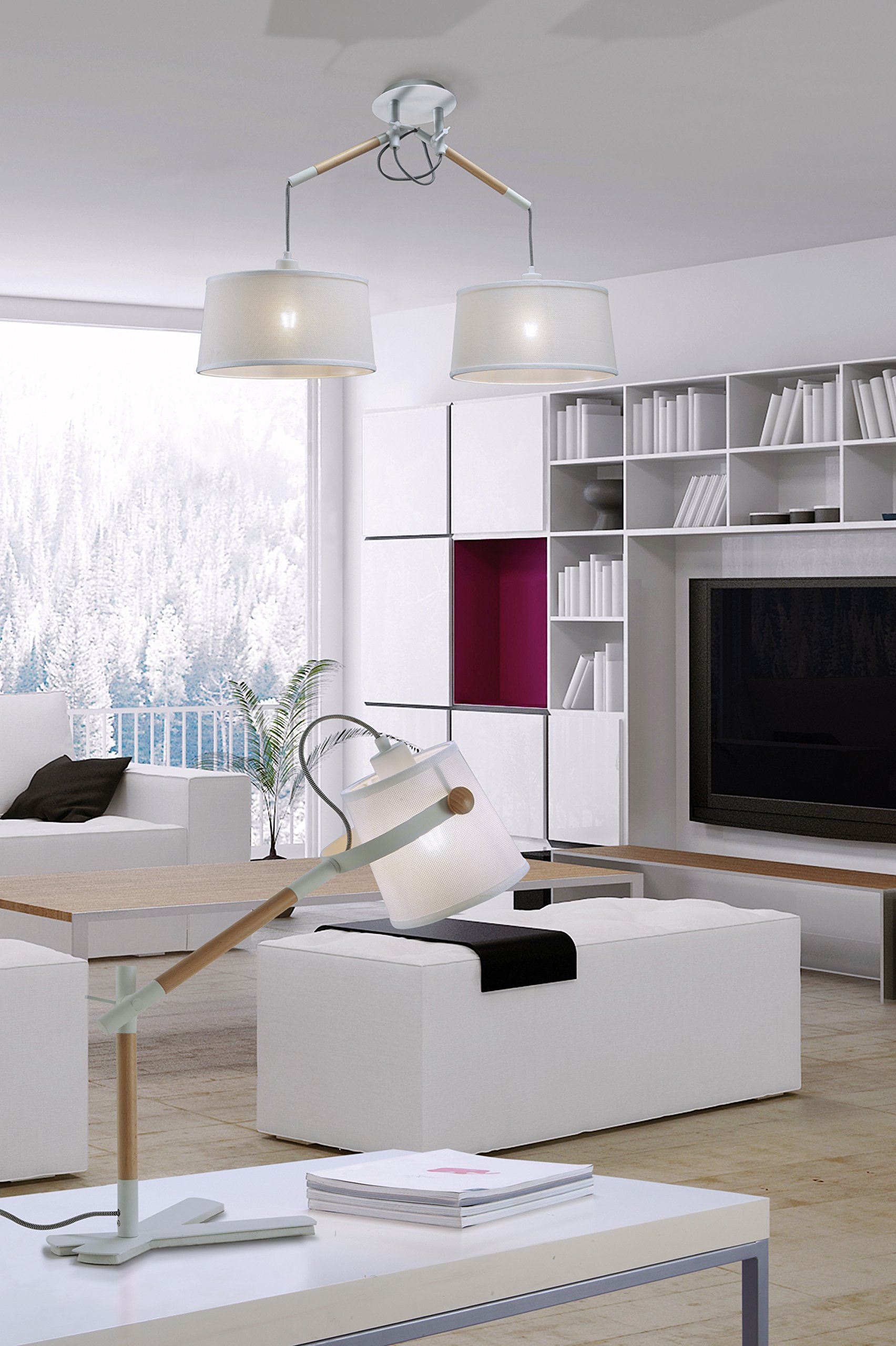 Mantra Iluminación. Modelo NÓRDICA. Lámpara de techo colgante doble de estilo nórdico fabricado en madera, acero y tela acabado en color blanco y madera. Altura regulable