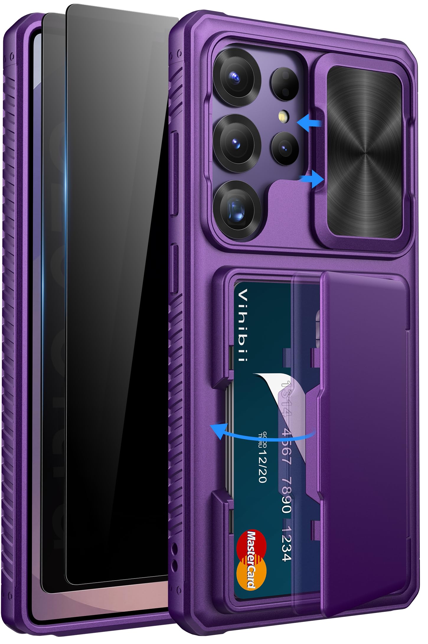 Vihibii for Samsung Galaxy S25 Ultra Case with Card Holder (4 Cards), Built-in 2X Privacy Screen Protector, Slide Lens Cover, Rugged & Shockproof Wallet Case for S25 Ultra 6.9" 5G, Dark Purple