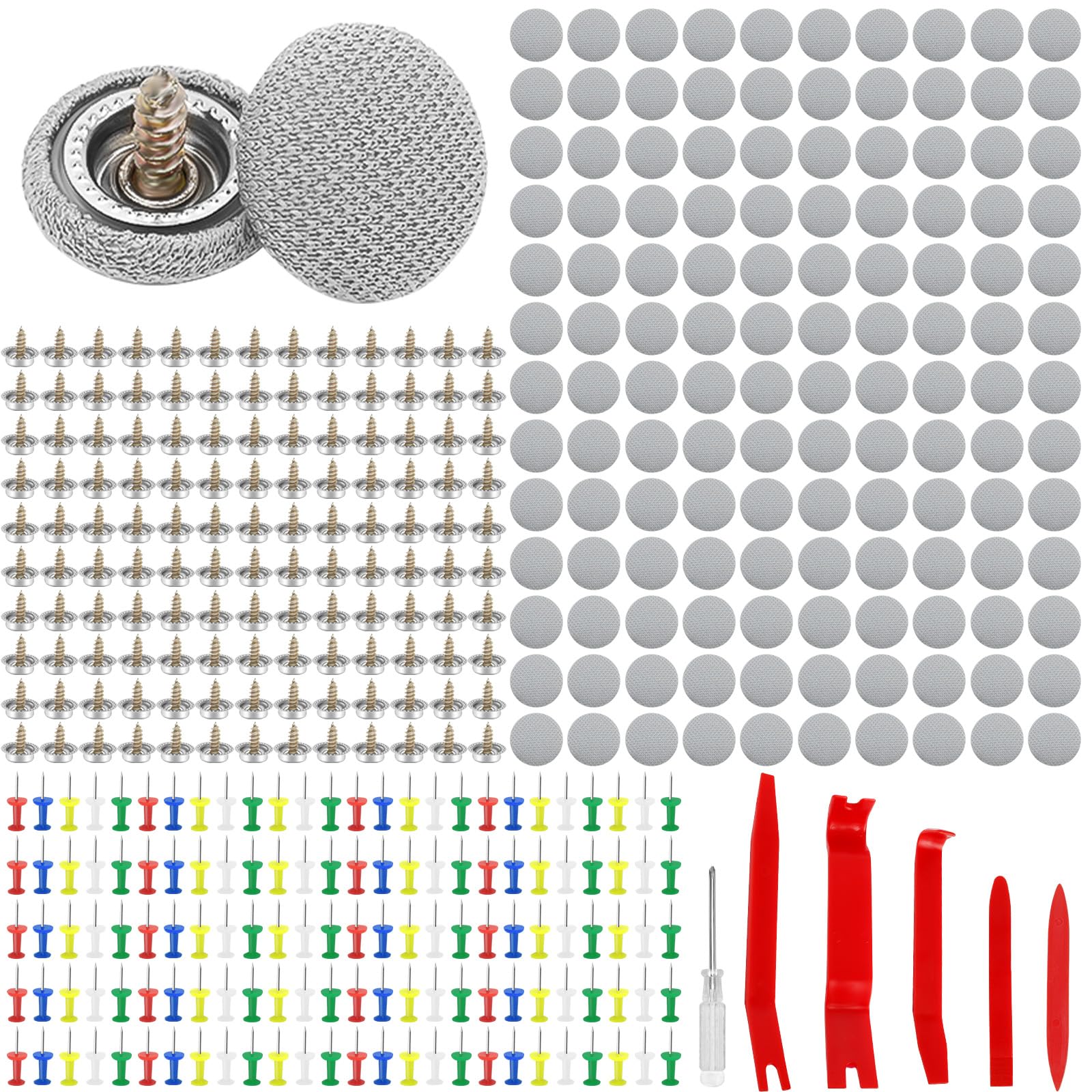 527 Pezzi Kit Riparazione Cielo Auto, Rivetti per Riparazione Tetto Auto, Pulsante di Riparazione Cielo Auto con Spille,Cacciavite, Metro a Nastro, Riparazione Tetto Auto per Tutte Auto (Grey)
