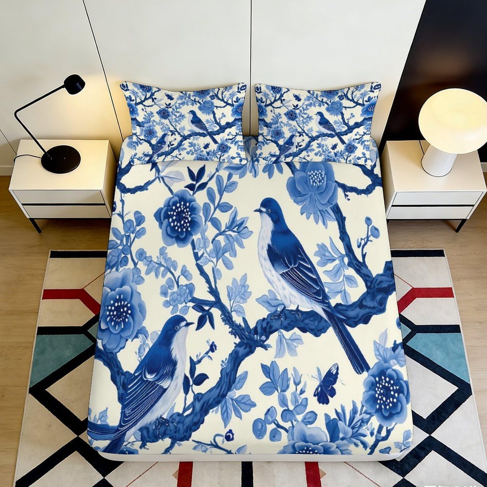 3D Printed Blue Bird Floral Fitted Sheet Microfiber Soft Breathable Branch Pattern Mattress Cover for Bedroom Dormitory Guest Room Protection Decor 120x200x25cm
