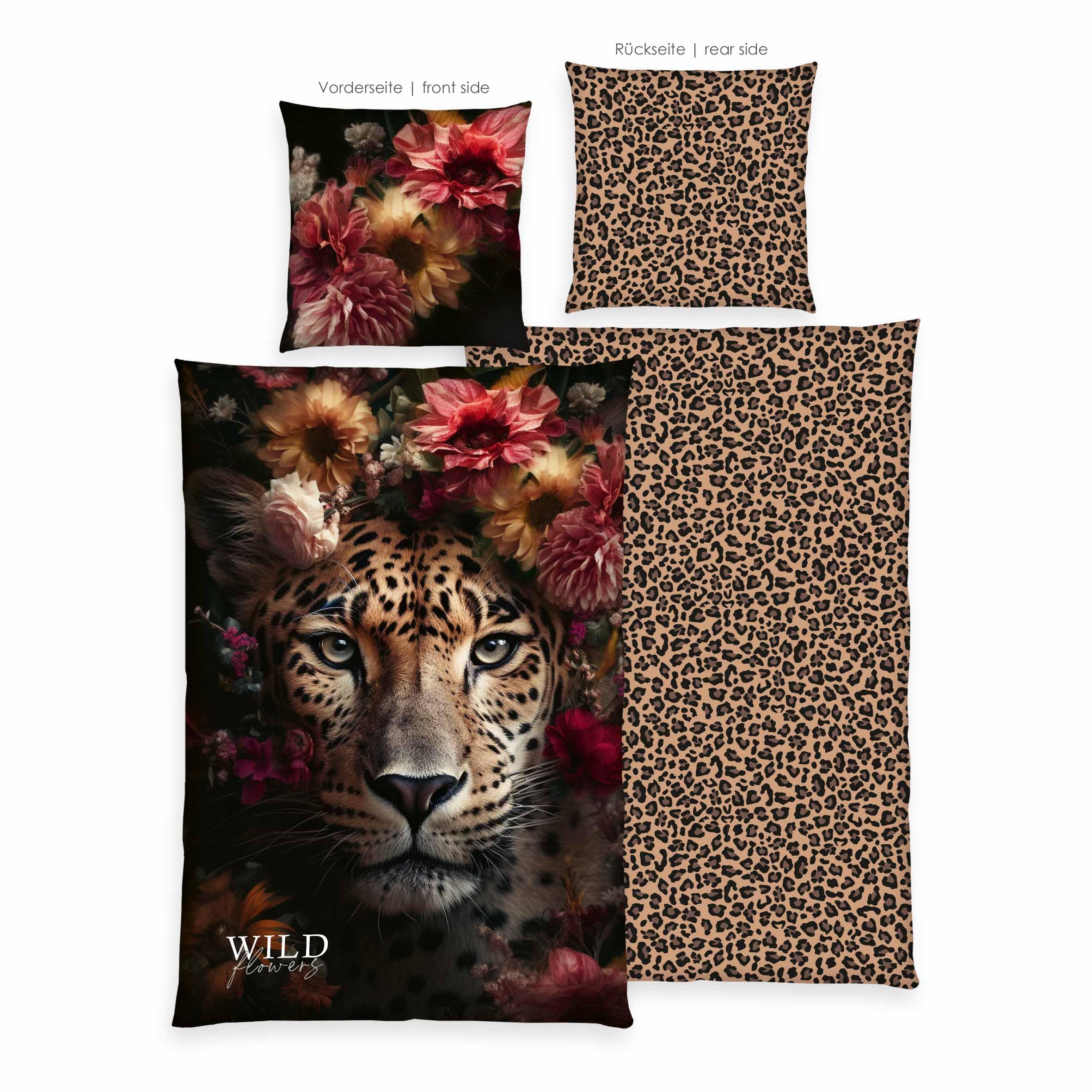 Herding Wild Flowers Bettwäsche-Set Leopard, 80 x 80 cm + 135 x 200 cm, mit Reißverschluss, 100% Baumwolle/Renforcé, Mehrfarbig