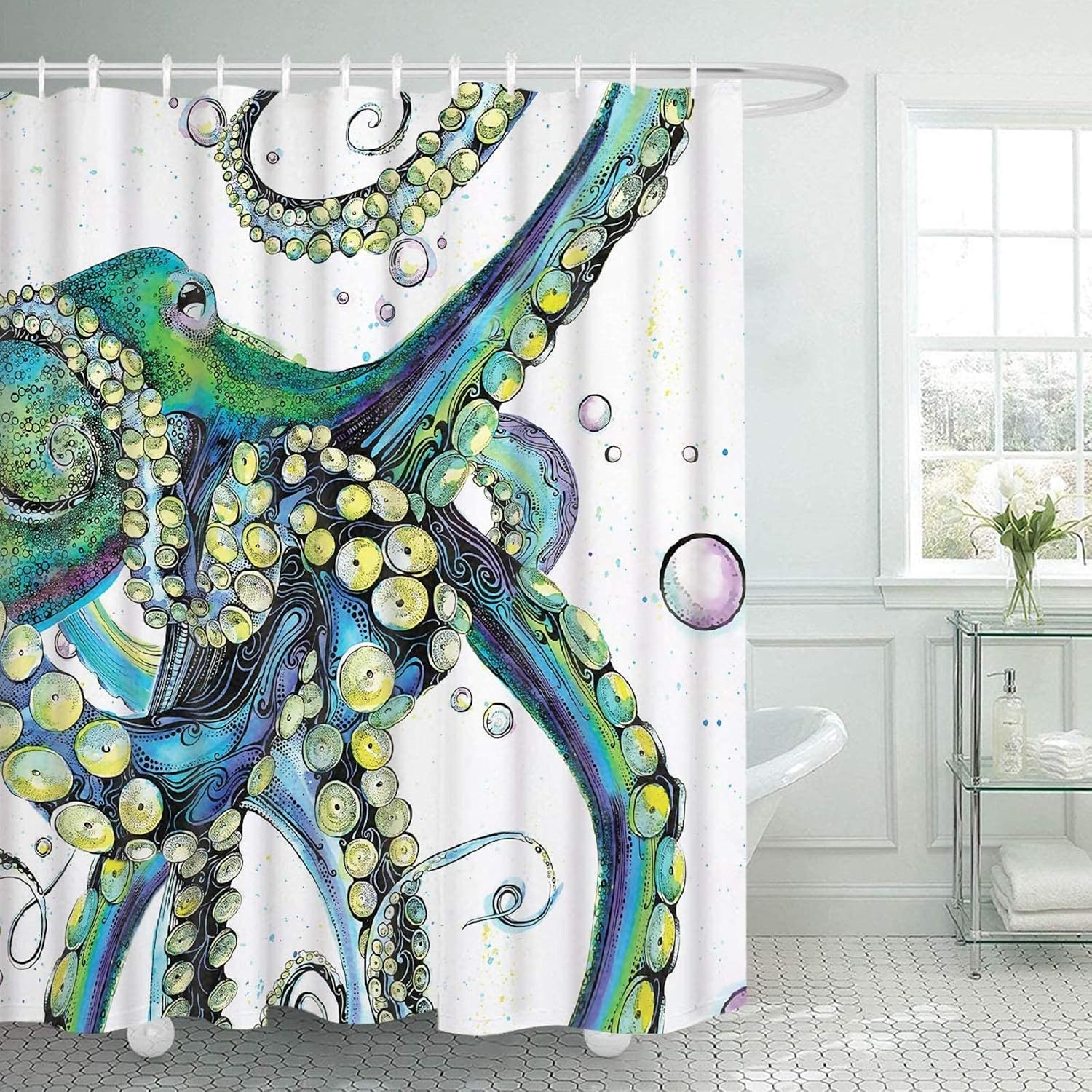 Alishomtll Bathroom Shower Curtain Colorful Fashion Octopus Shower Curtains Durable Fabric Bath Curtain Waterproof Bathroom Curtain with 12 Hooks, Colorful Fashion Octopus Shower Curtain