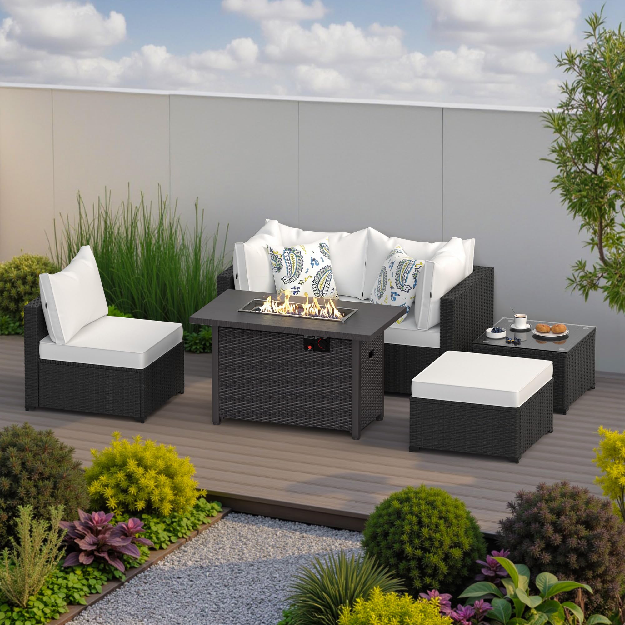 Patio Furniture Set w/ Fire Pit Table, 6PCS Outdoor Conversation Sets Waterproof Rattan Sectional Sofa with 4” Thickened Cushion Modular Wicker Patio