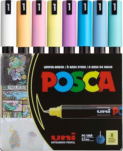 uni Posca PC1MR - Bolígrafo de punta extrafina, colores suaves, 8 unidades