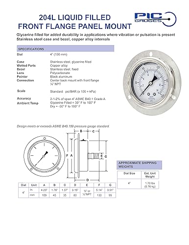 Miniatura 5 de PIC Gauges 204L-404F Manómetro de presión relleno de glicerina con brida frontal con carcasa SSbisel, internos de latón, lente de PC, esfera de 4",