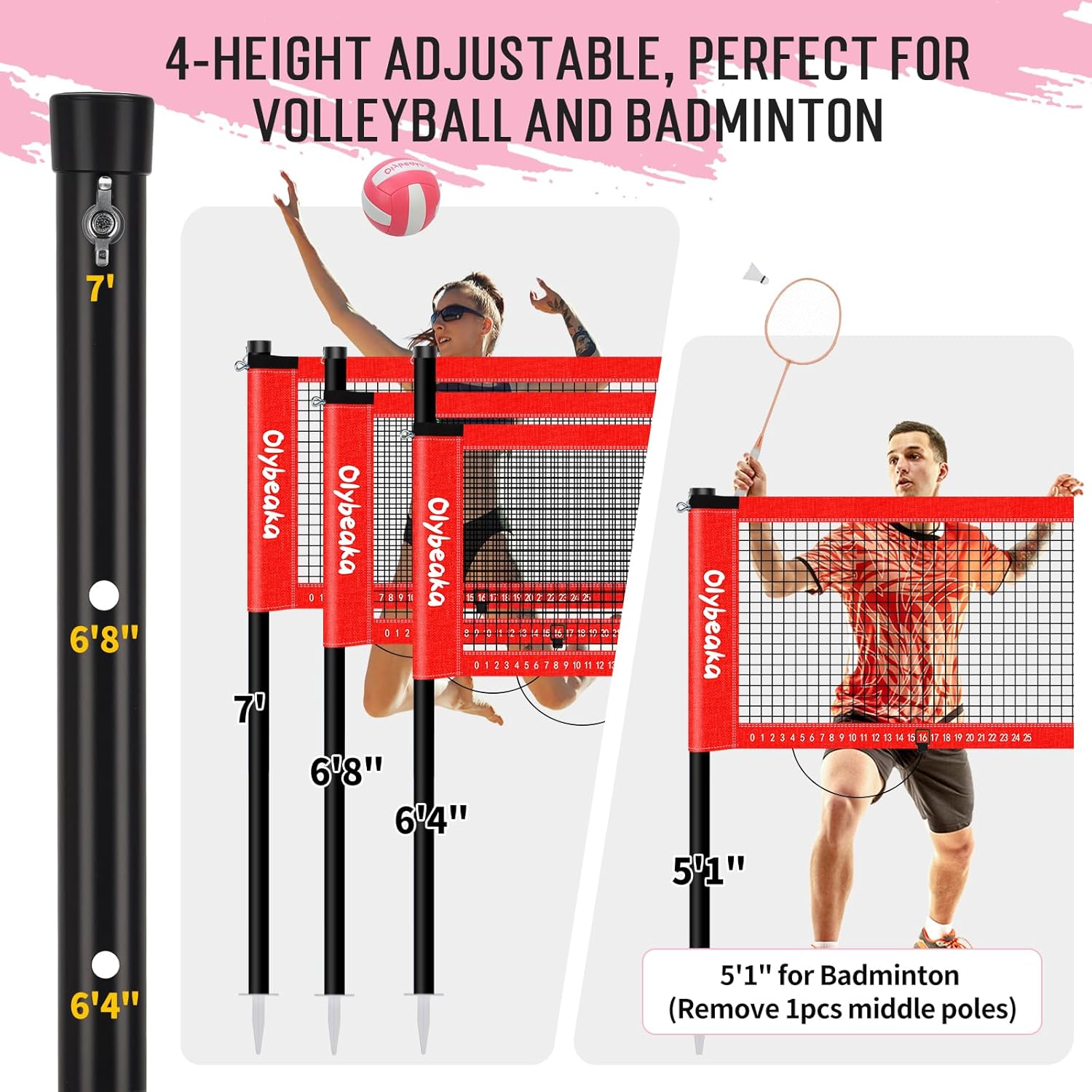 RED AND BLACK 20ft Outdoor Volleyball & Badminton Combo Net Set for Backyard Beach with Adjustable Poles, Durable Anti-Sag Net, PU Volleyball, 2 Aluminum Rackets