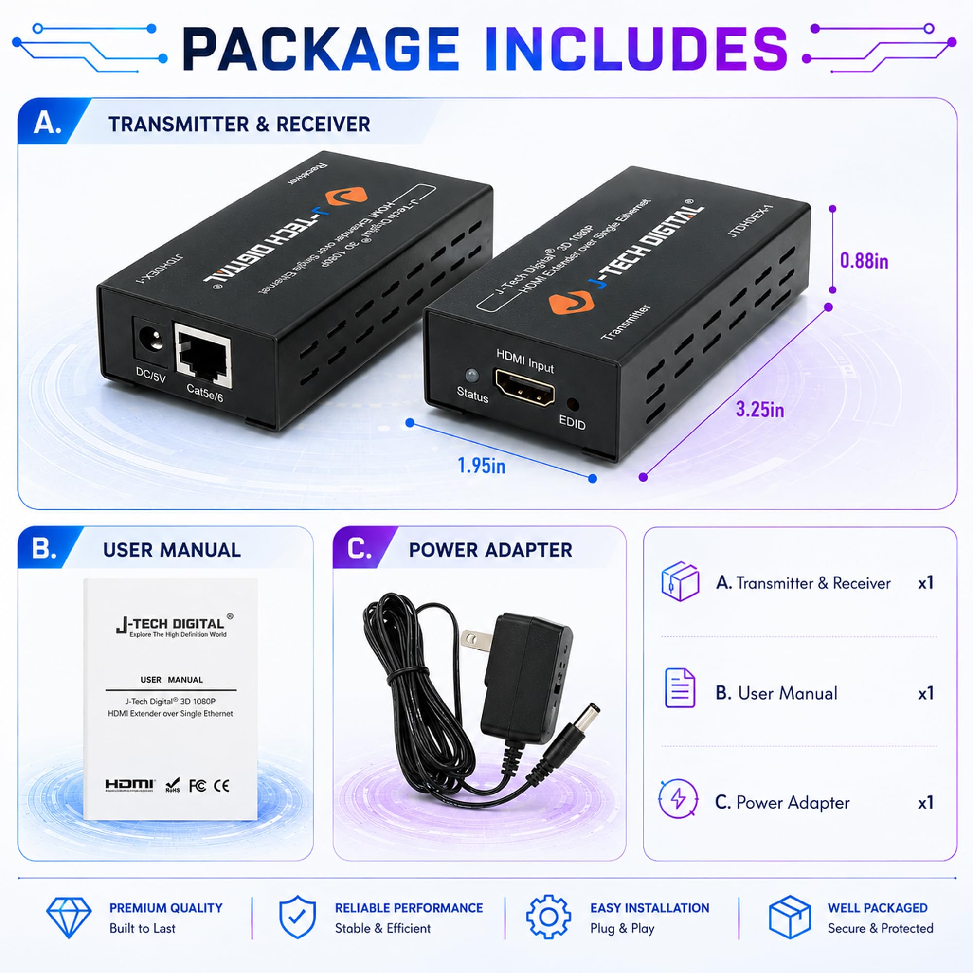 J-Tech Digital HDMI Extender over cat5e/6 1080P@200ft HDMI Balun Over Single Ethernet Supports EDID Copy Compatible with Dolby Digital DTS — Amazon image 3
