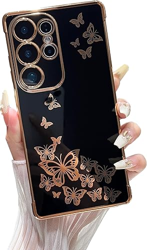 ZTOFERA Funda protectora para Galaxy S22 Ultra, para mujeres, lindo borde dorado galvanizado, a prueba de golpes, delgada, suave, TPU, para niñas y